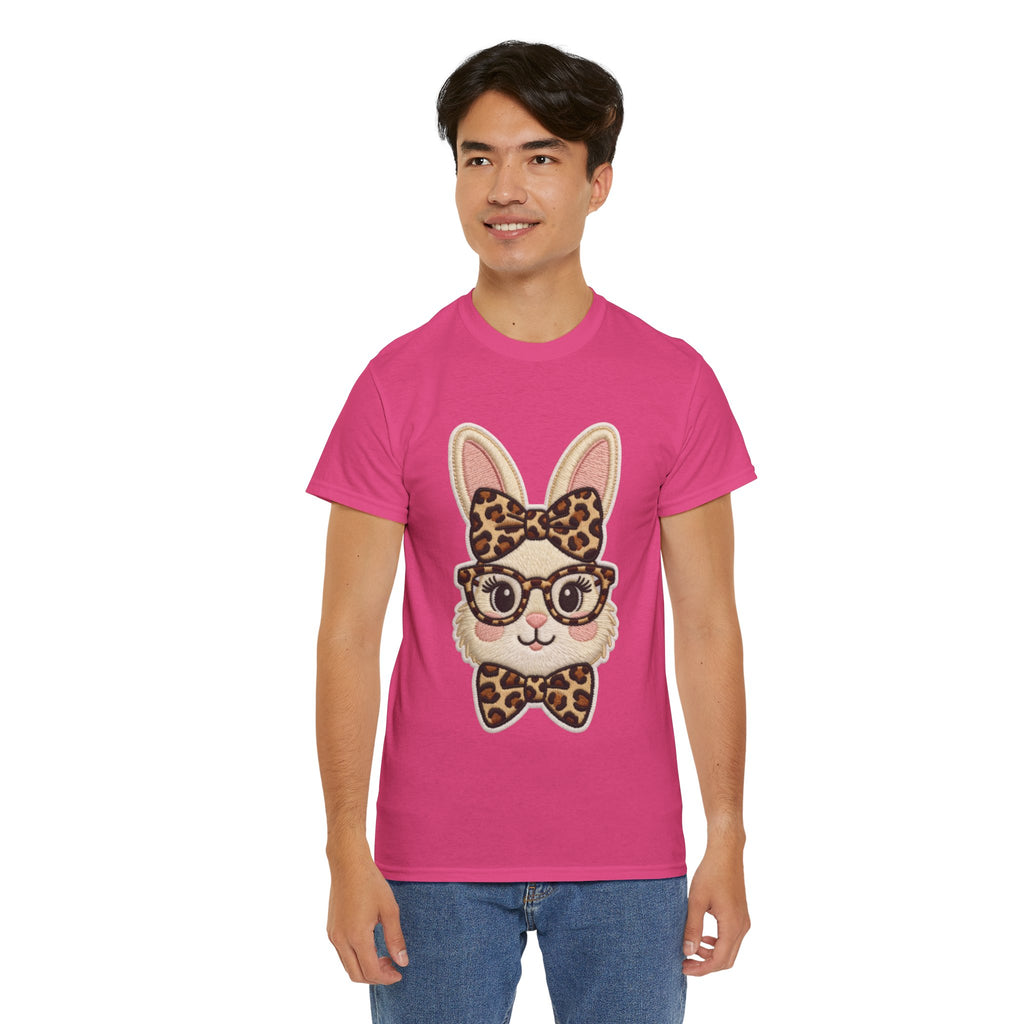 Leopard Bow Bunny Embroidered Tee — Cute Bunny Face with Glasses Patch Unisex Cotton Tee