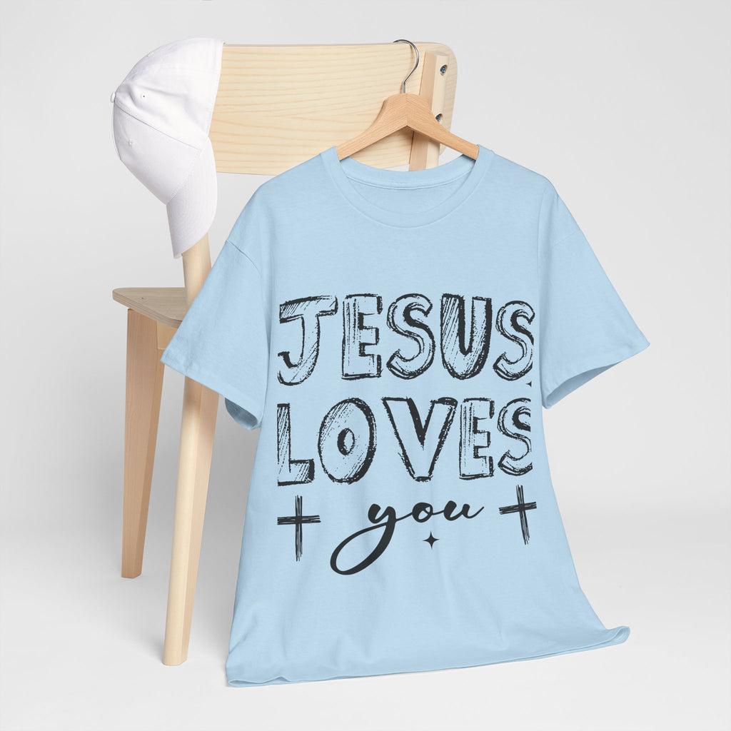 Jesus Loves You Chalk-Style Tee — Crosses & Stars Christian UNisex Cotton T-Shirt