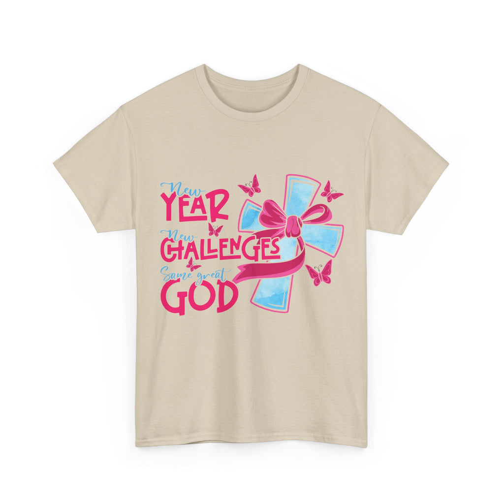 Christian T-Shirt — “New Year, New Challenges, Same Great God” with Pink Bow Cross & Butterflies. Unisex Cotton Tee