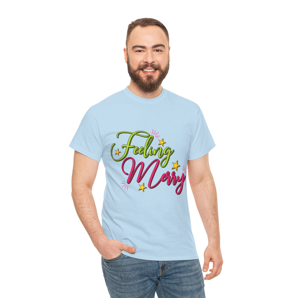 Feeling Merry T-Shirt — Bright Green & Pink Holiday Tee with Stars.Unisex Cotton Tee