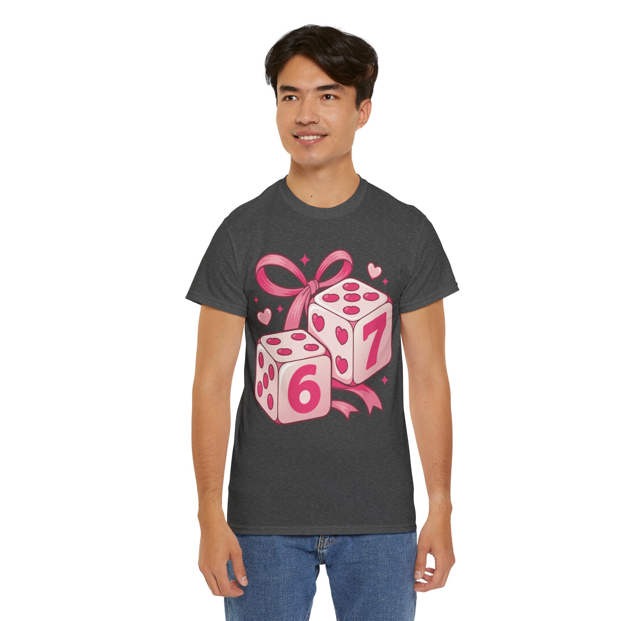 Lucky Love Dice T-Shirt — Pink Heart Dice with Bow..Unisex Cotton Tee