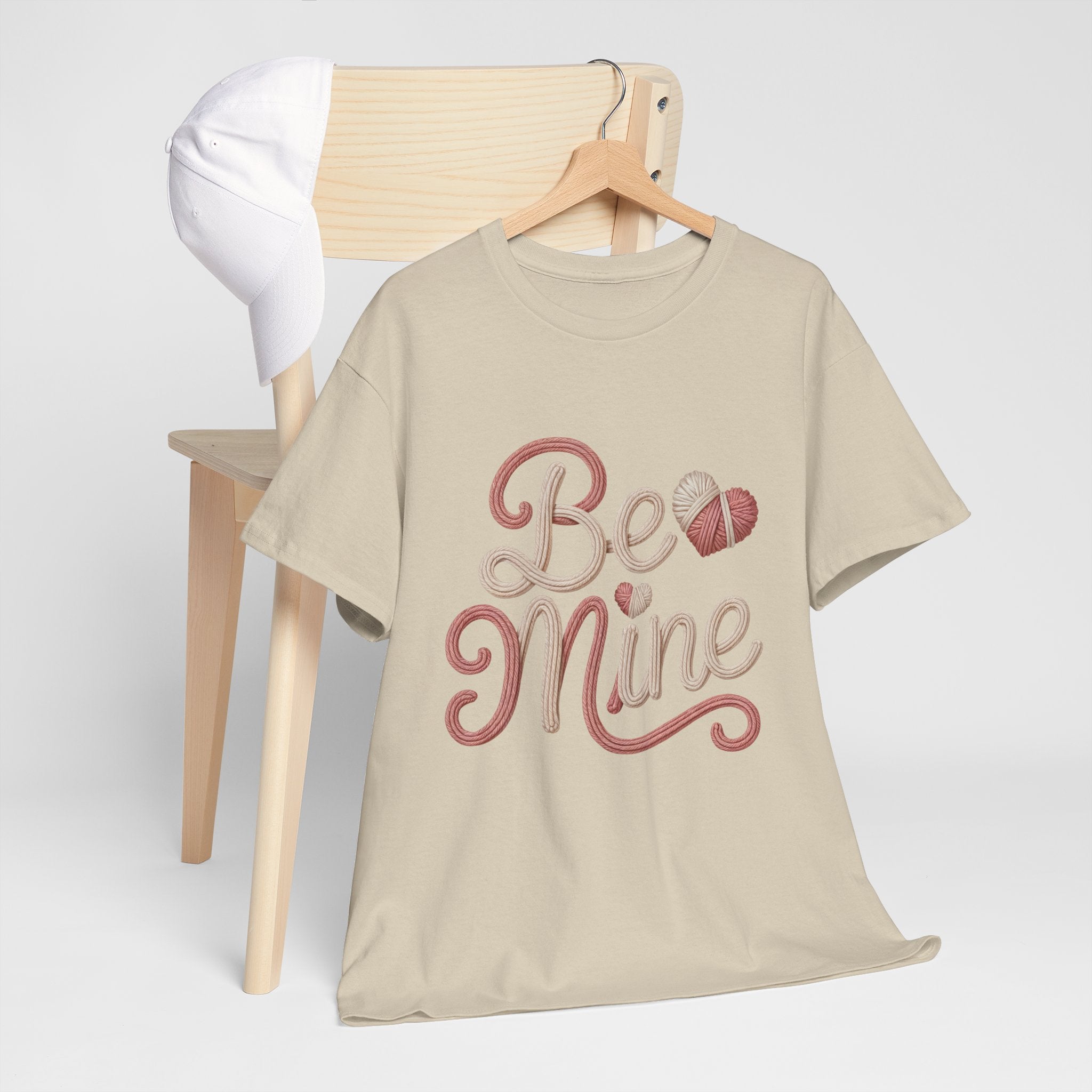 Be Mine Yarn Heart T-Shirt — Valentine’s Faux-Yarn Pink & Cream Unisex Cotton Tee