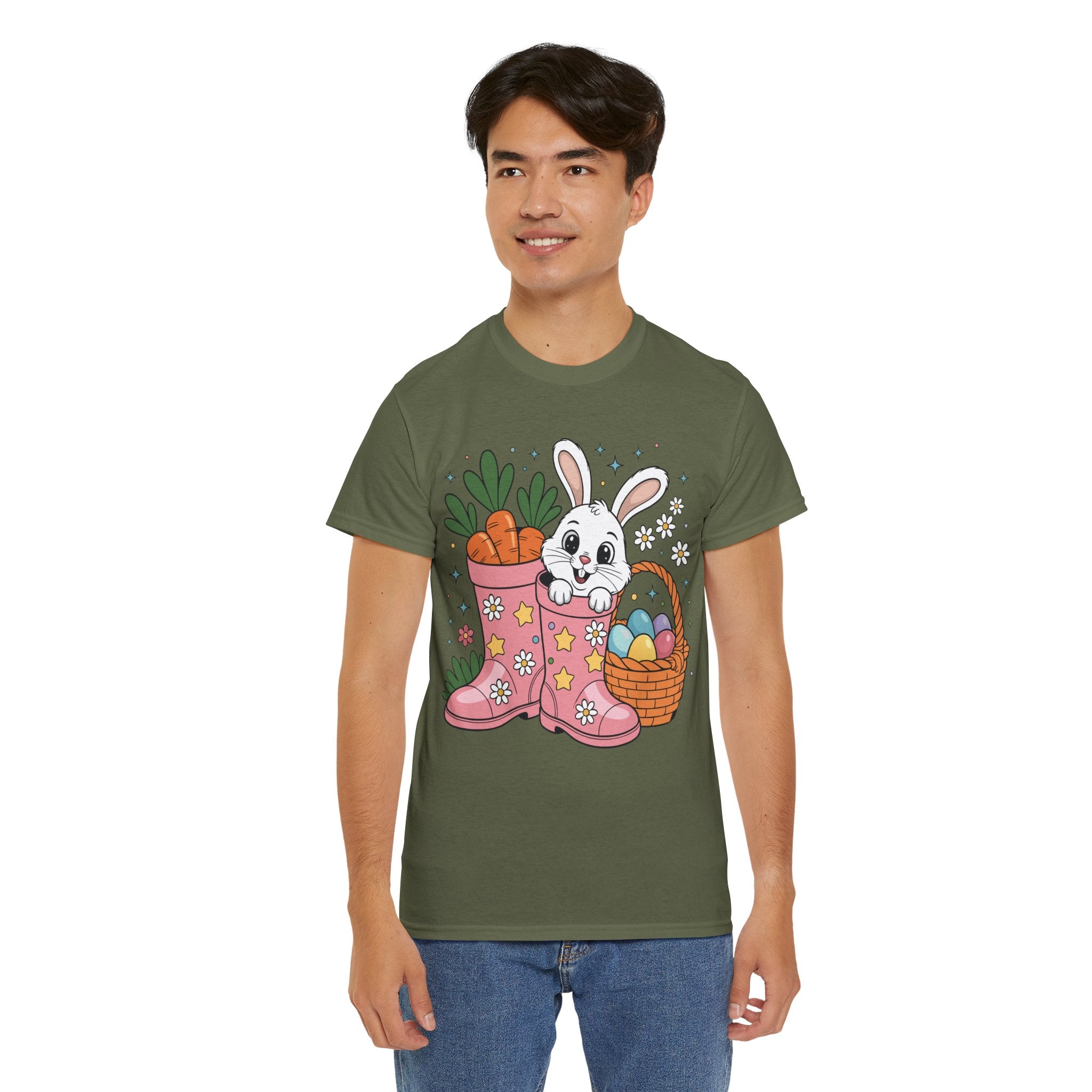 Easter Bunny in Pink Rain Boots T-Shirt — Cartoon Bunny, Carrots & Colorful Eggs Unisex Cotton Tee
