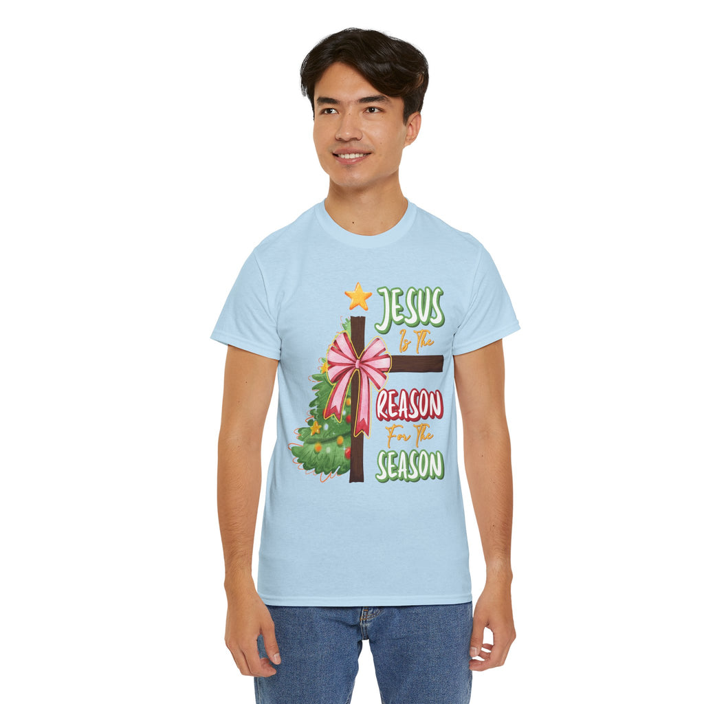 Jesus Is the Reason for the Season Christmas Tee — Cross with Pink Bow & Tree. Unisex Cotton Tee