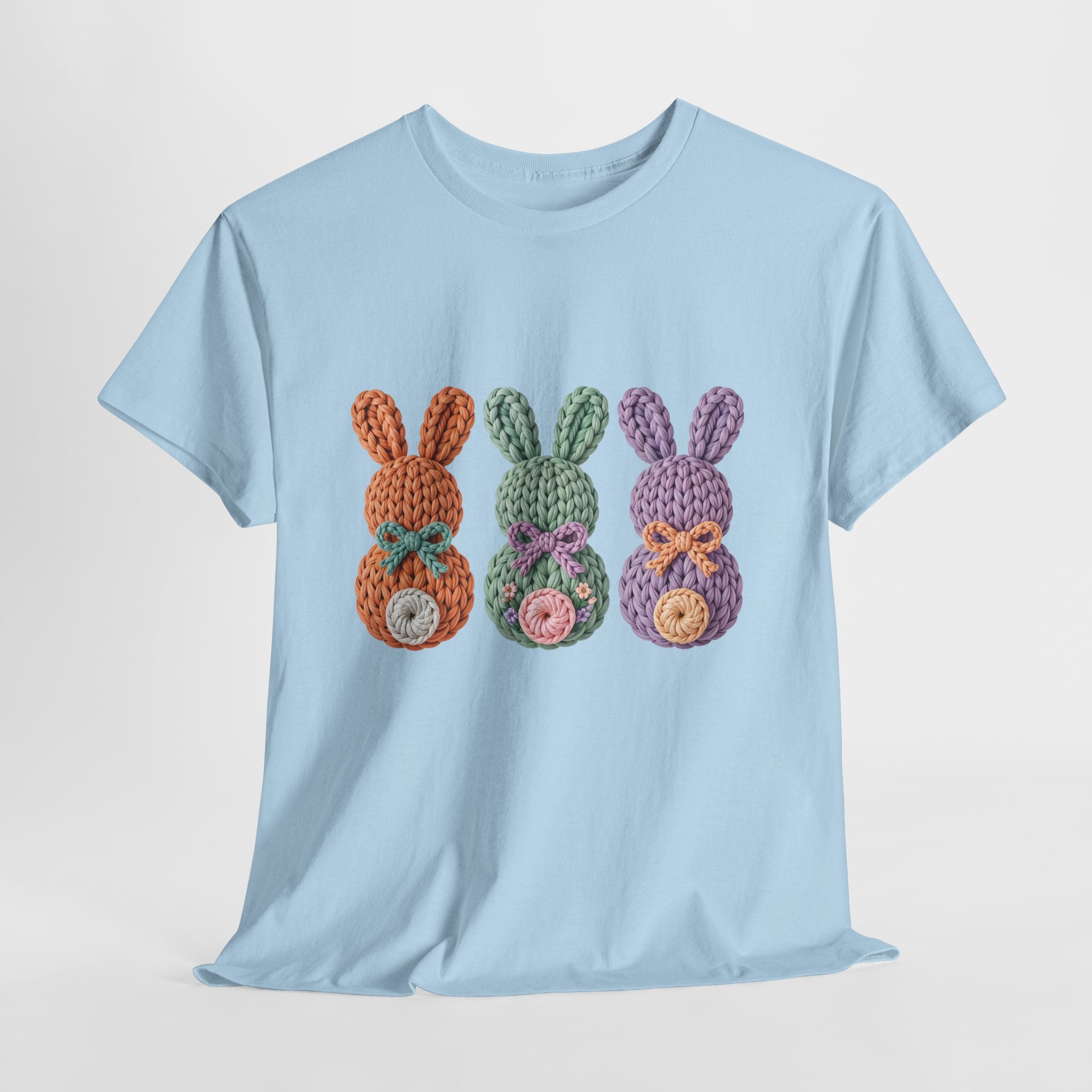 Pastel Crochet Bunny Tee — Trio of Faux Knit Bunnies with Bows & Flowers Unisex Cotton Tee