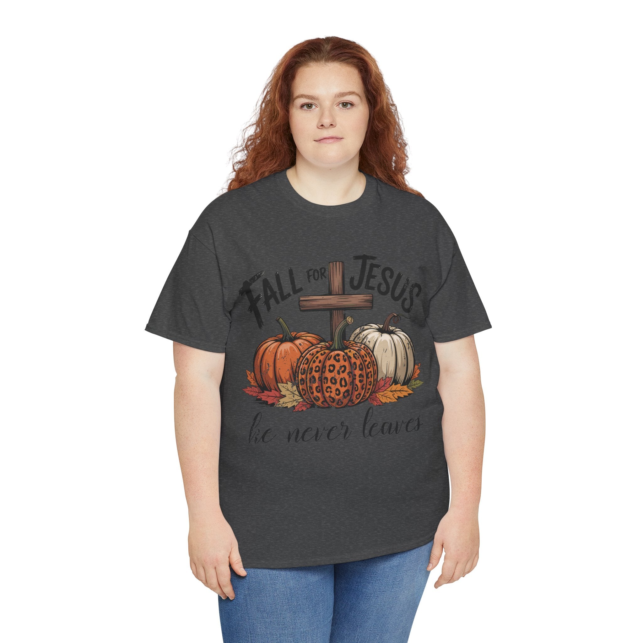 Fall for Jesus Pumpkin Cross Tee — "He Never Leaves" Autumn Christian Unisex Cotton T-Shirt