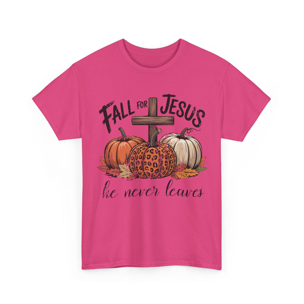 Fall for Jesus Pumpkin Cross Tee — "He Never Leaves" Autumn Christian Unisex Cotton T-Shirt