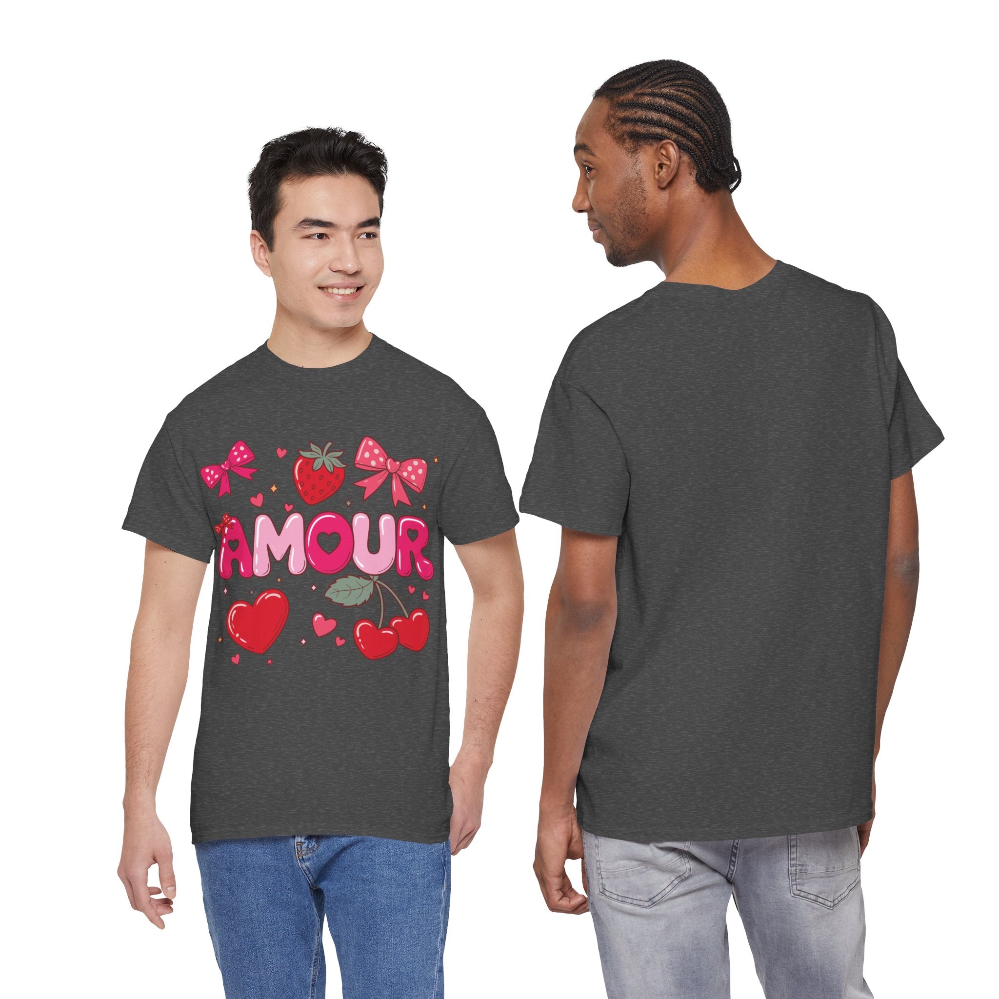 Amour Pink Hearts Tee — Shiny Lettering with Bows, Cherries & Strawberry Accent...Unisex Cotton Tee