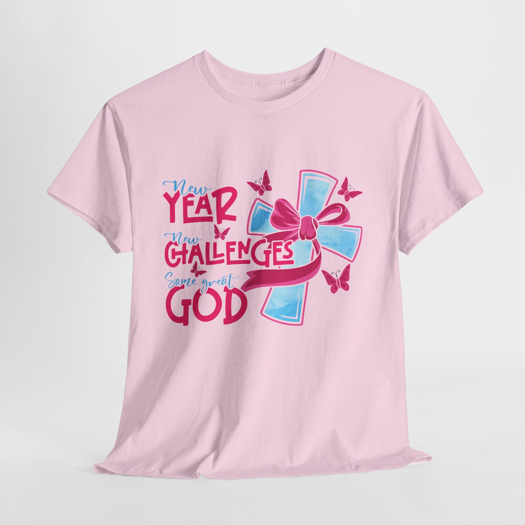 Christian T-Shirt — “New Year, New Challenges, Same Great God” with Pink Bow Cross & Butterflies. Unisex Cotton Tee