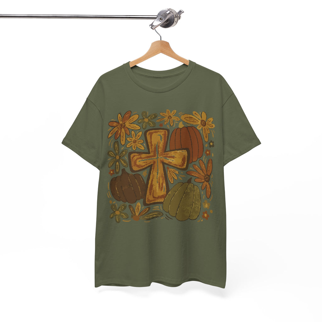 Autumn Cross Tee — Rustic Pumpkin & Fall Floral Christian Unisaex Cotton T-Shirt