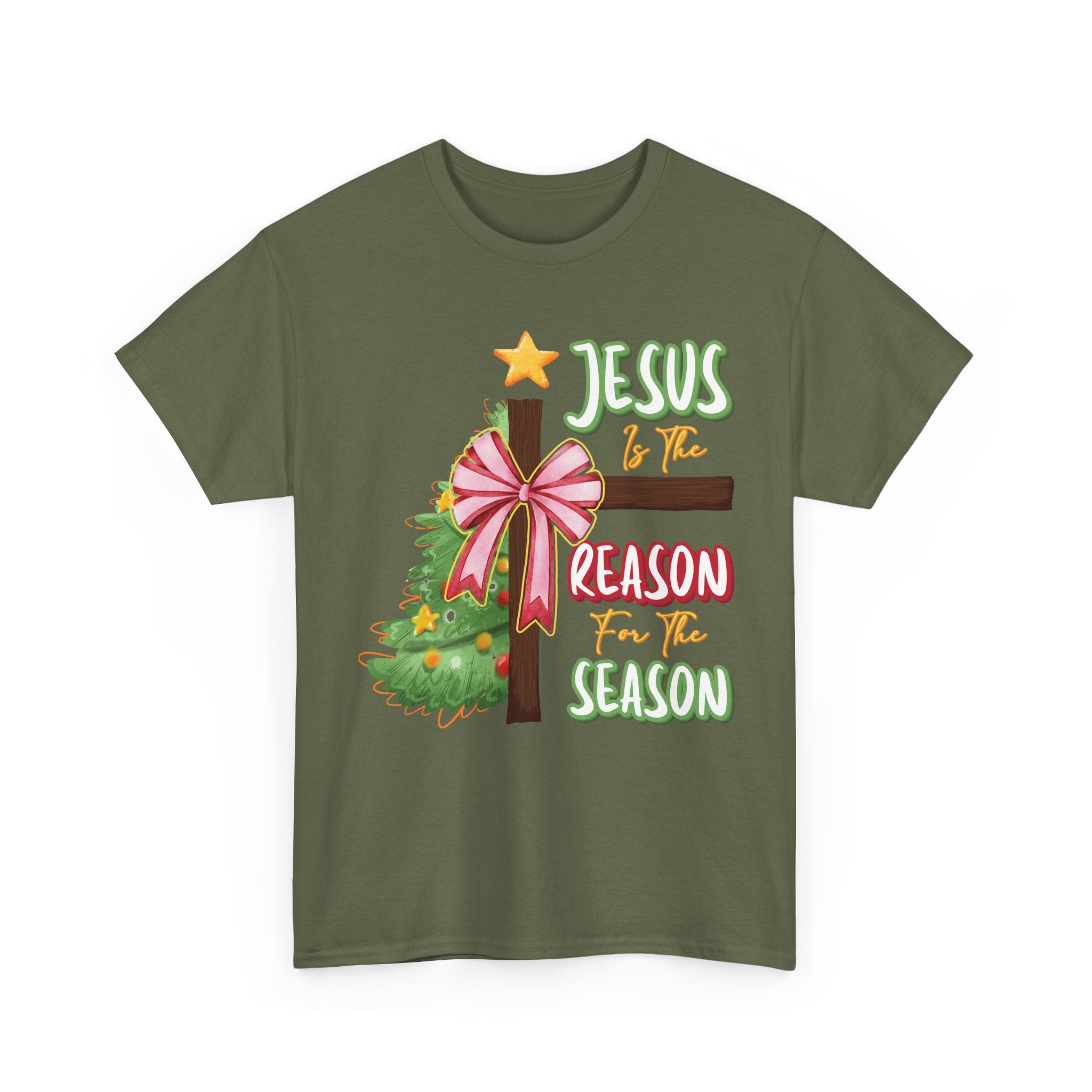 Jesus Is the Reason for the Season Christmas Tee — Cross with Pink Bow & Tree. Unisex Cotton Tee