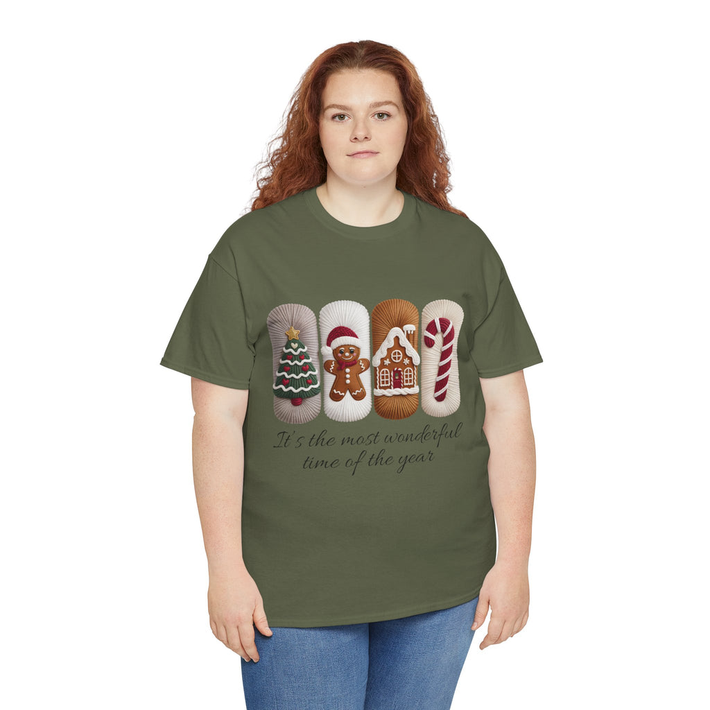Christmas Faux-Yarn Tree Tee — Gingerbread House & Candy Cane Holiday Unisex Cotton T-Shirt