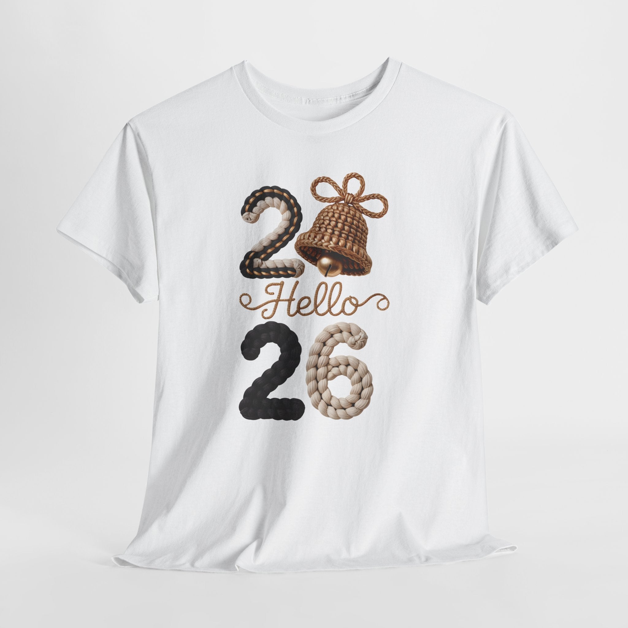 Hello 2026 Tee — Cozy Faux Yarn Braided Numbers with Woven Golden Bell..Unisex Cotton Tee