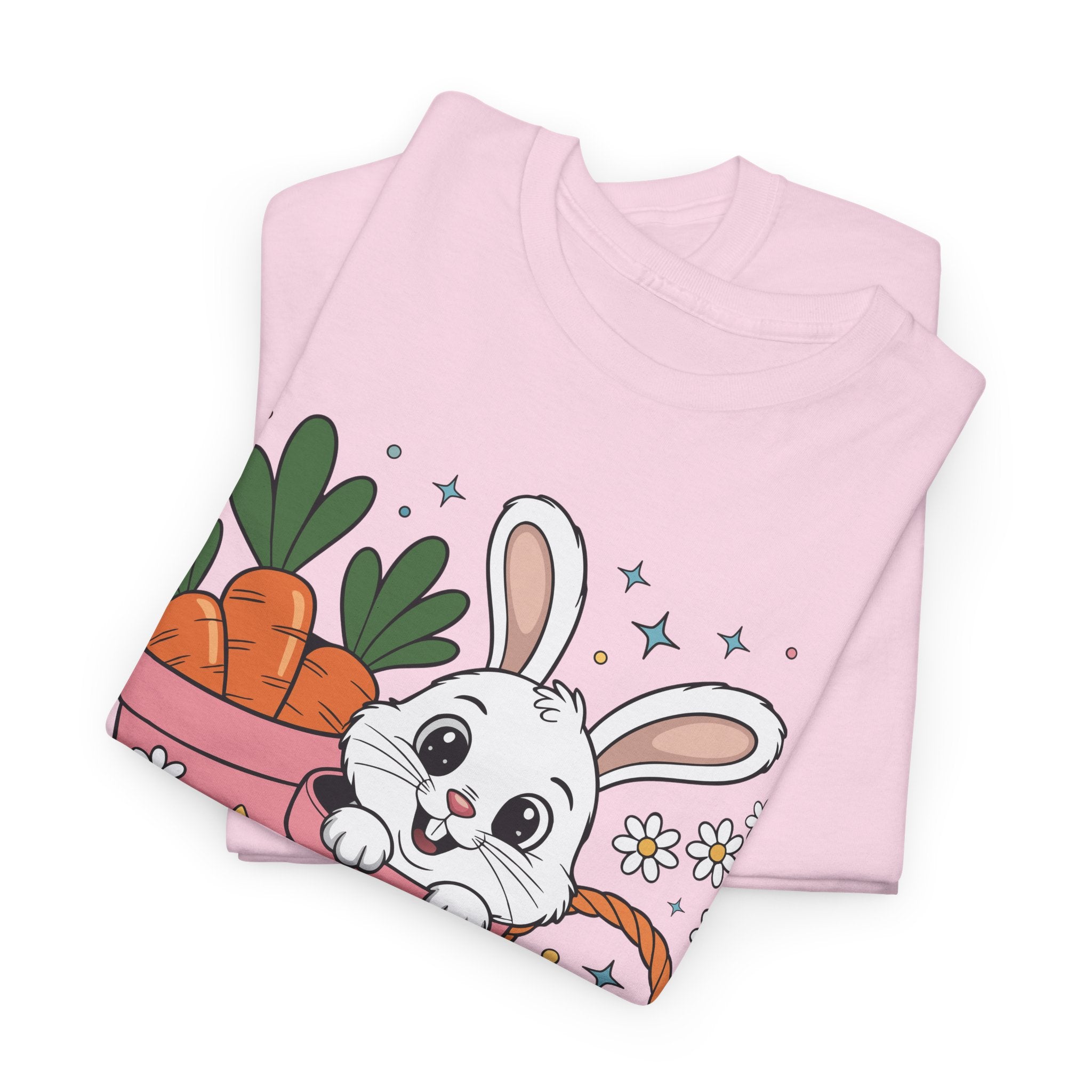 Easter Bunny in Pink Rain Boots T-Shirt — Cartoon Bunny, Carrots & Colorful Eggs Unisex Cotton Tee