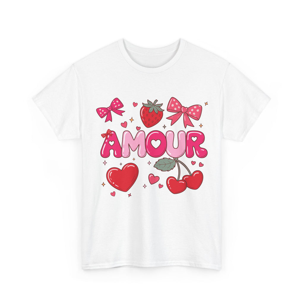 Amour Pink Hearts Tee — Shiny Lettering with Bows, Cherries & Strawberry Accent...Unisex Cotton Tee