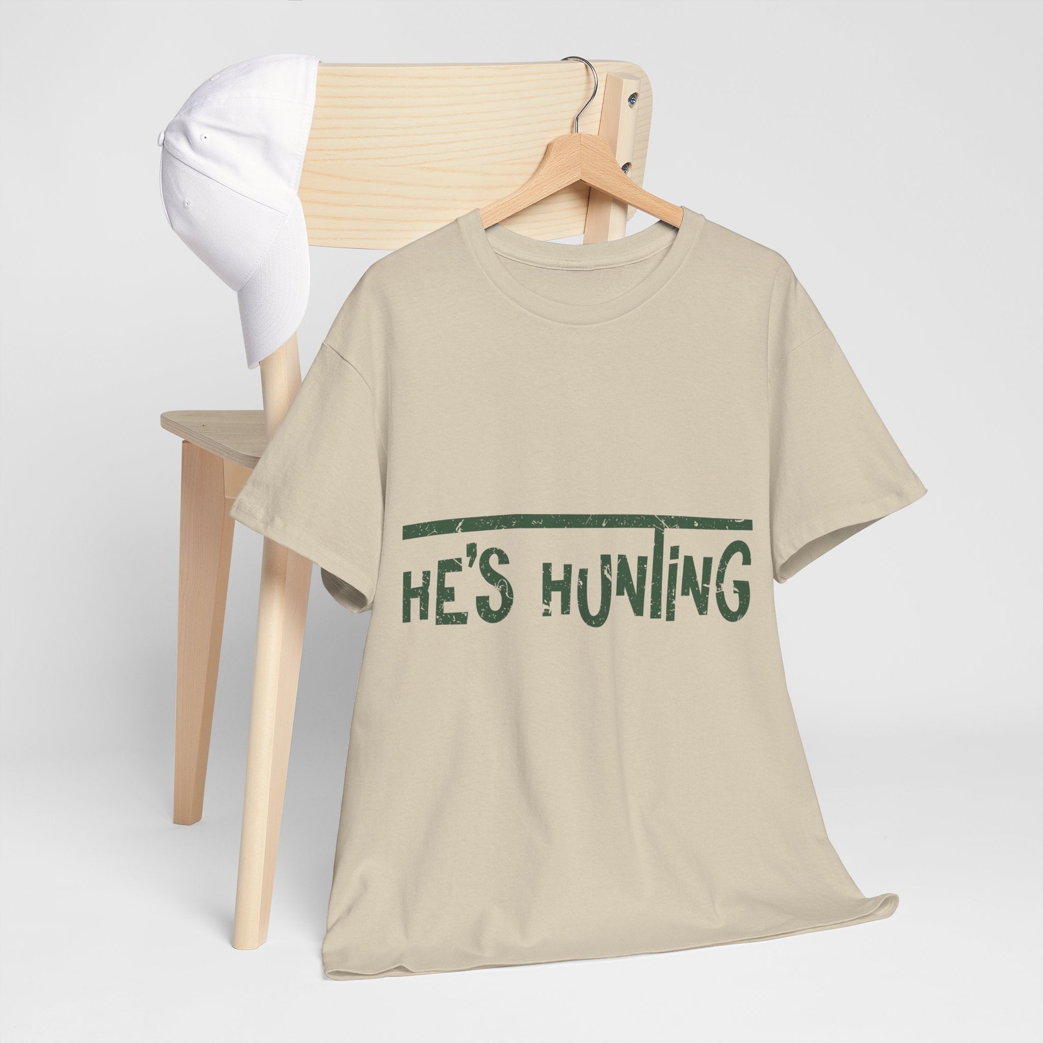 He’s Hunting Distressed Tee — Minimalist Tan Hunting Unisex Cotton Tshirt