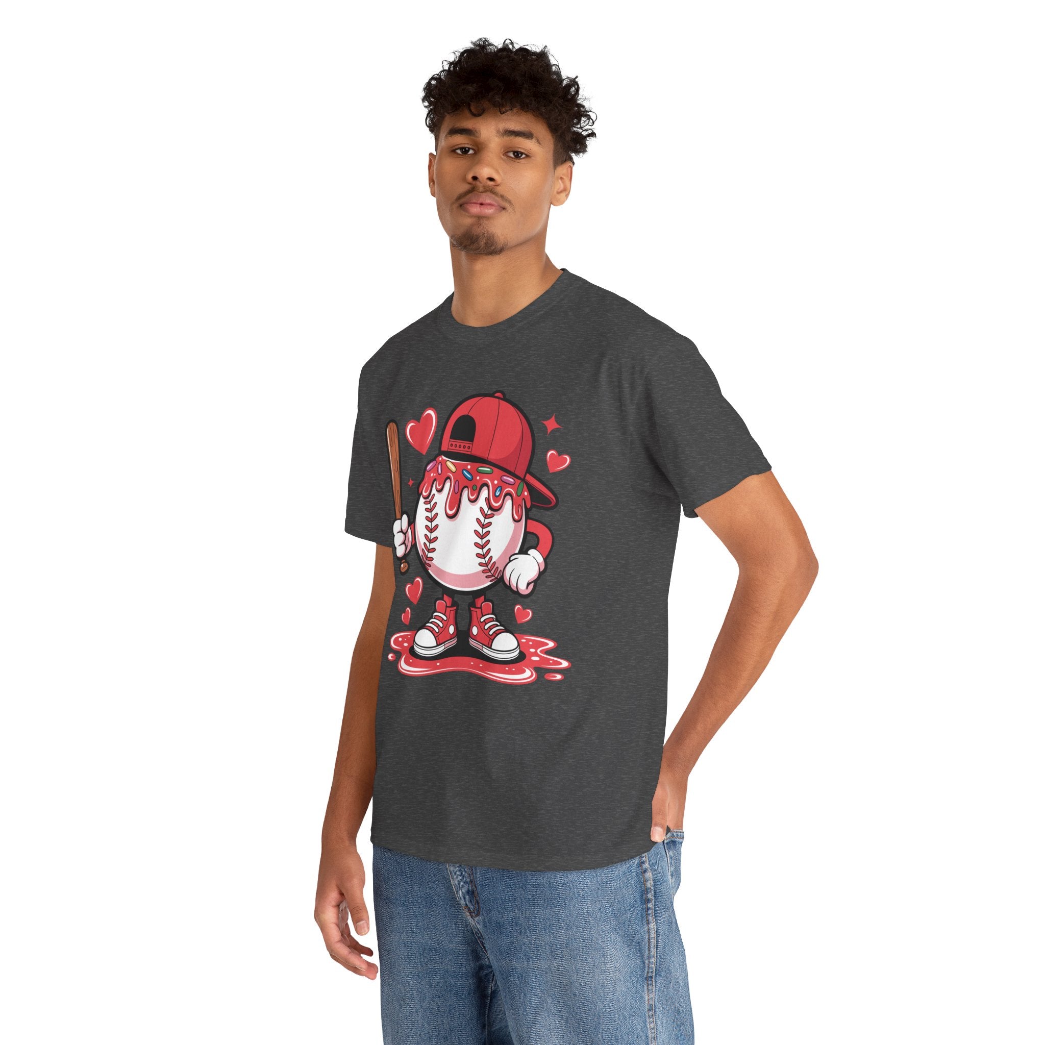 Cute Baseball Character T-Shirt — Red Cap & Icing Top Graphic with Hearts Unisex Cotton Tee