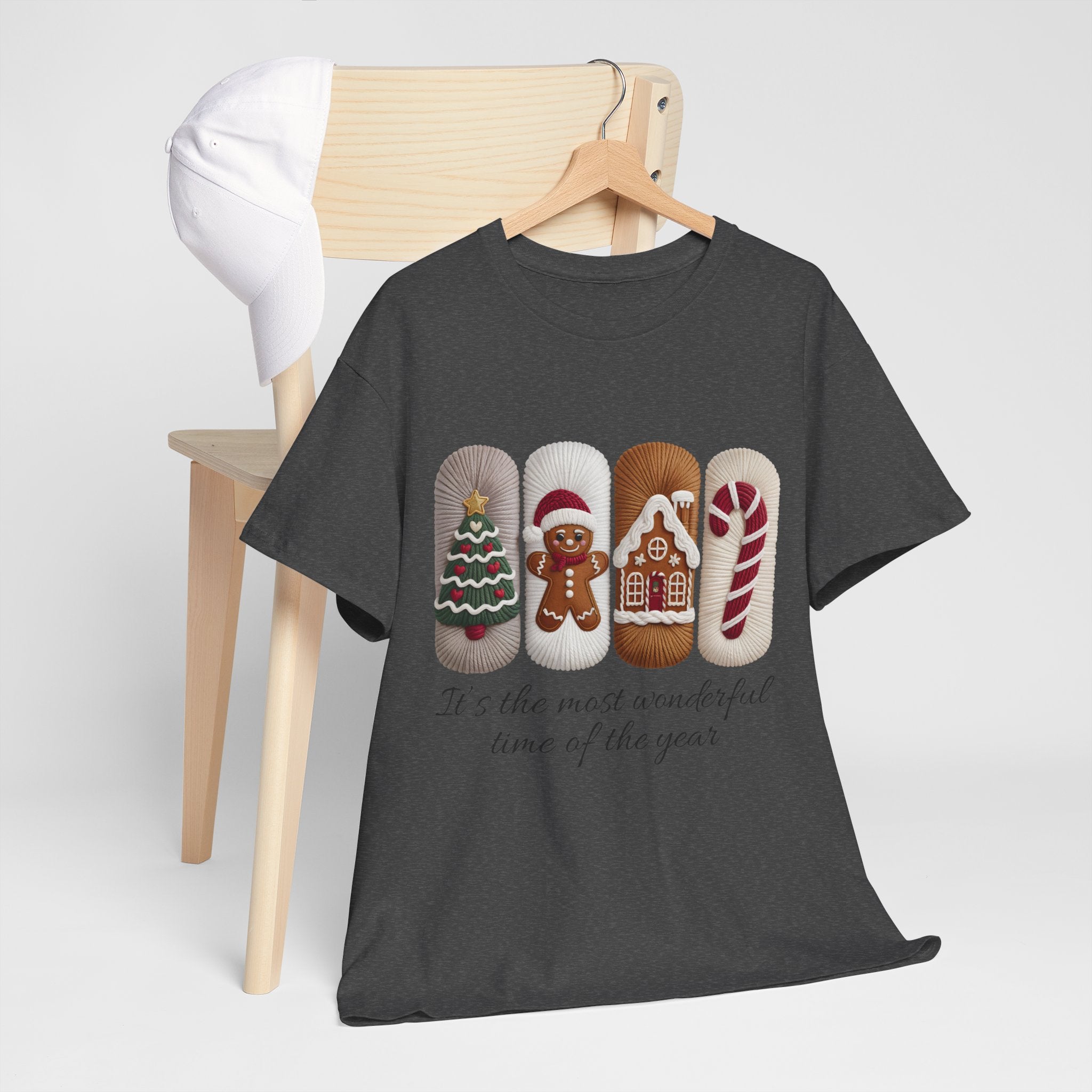 Christmas Faux-Yarn Tree Tee — Gingerbread House & Candy Cane Holiday Unisex Cotton T-Shirt
