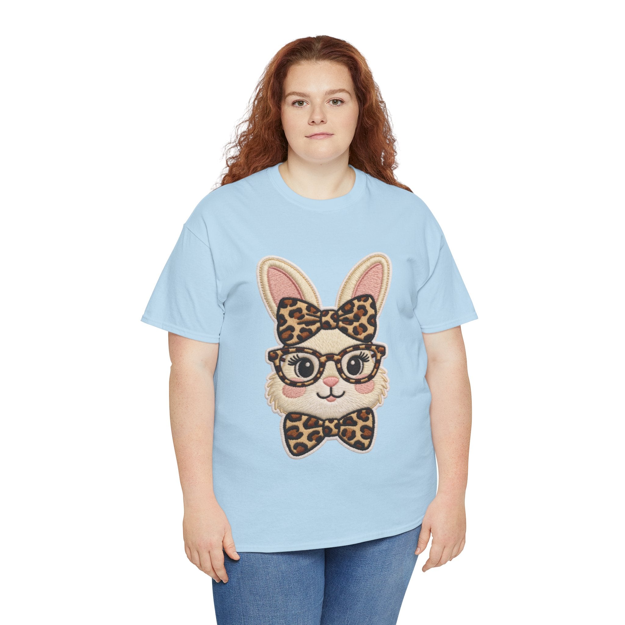 Leopard Bow Bunny Embroidered Tee — Cute Bunny Face with Glasses Patch Unisex Cotton Tee