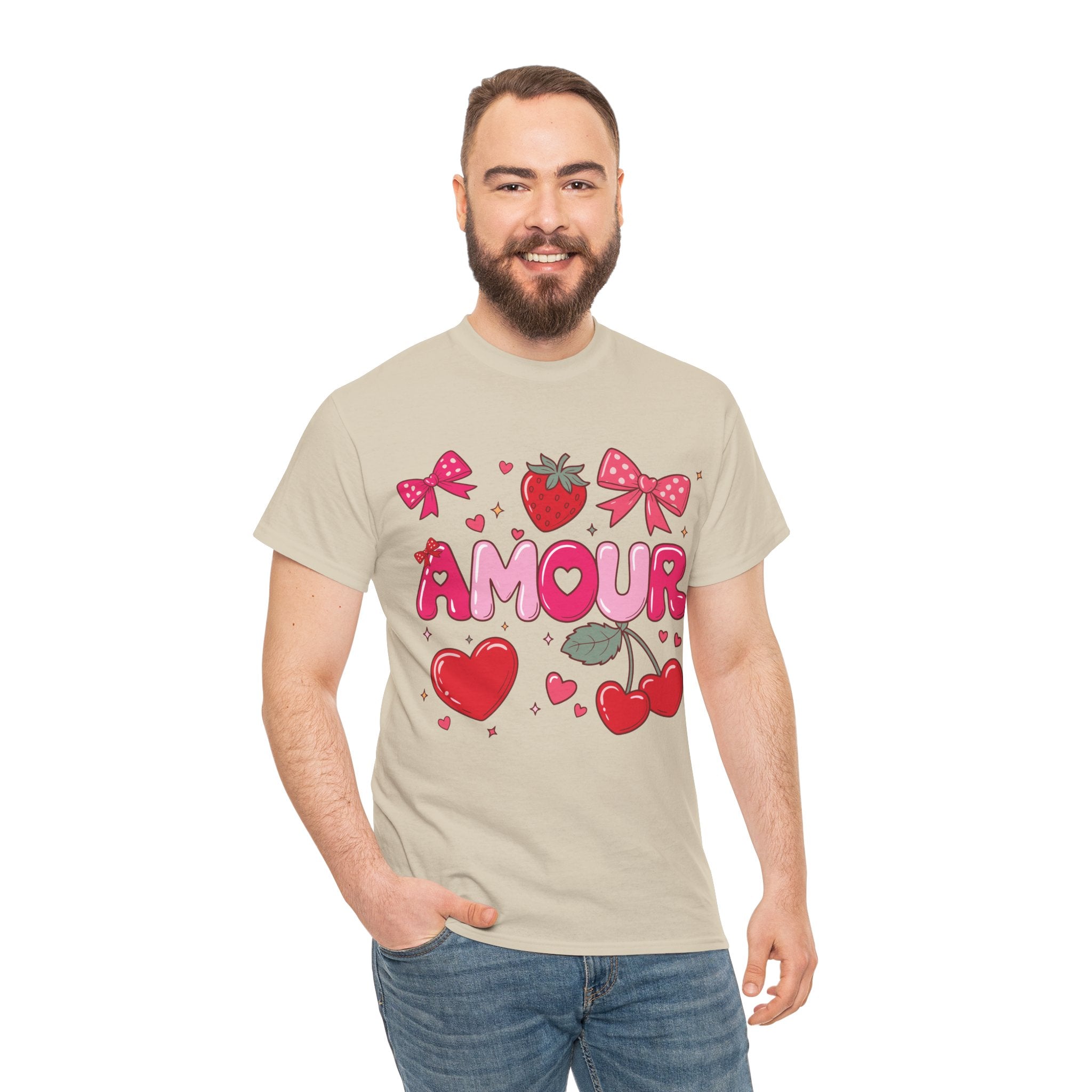 Amour Pink Hearts Tee — Shiny Lettering with Bows, Cherries & Strawberry Accent...Unisex Cotton Tee