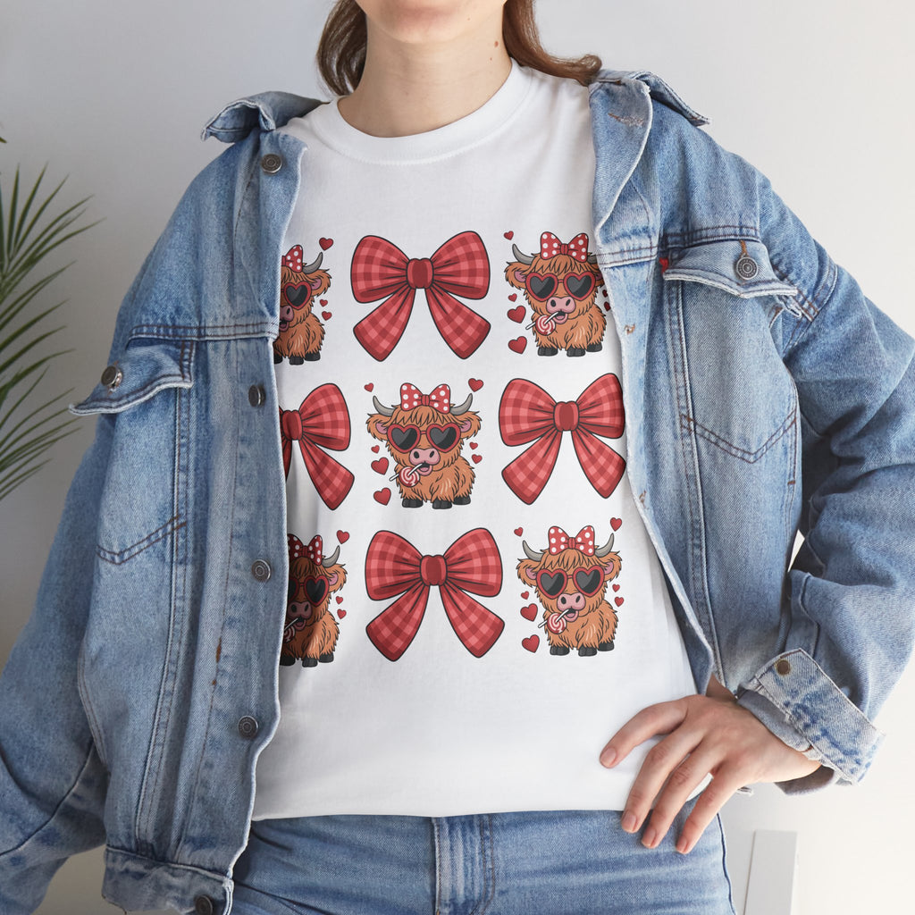 Valentine Cow Checkered Tee — Fluffy Cows with Heart Sunglasses & Red Bows..Unisex Cotton Tee