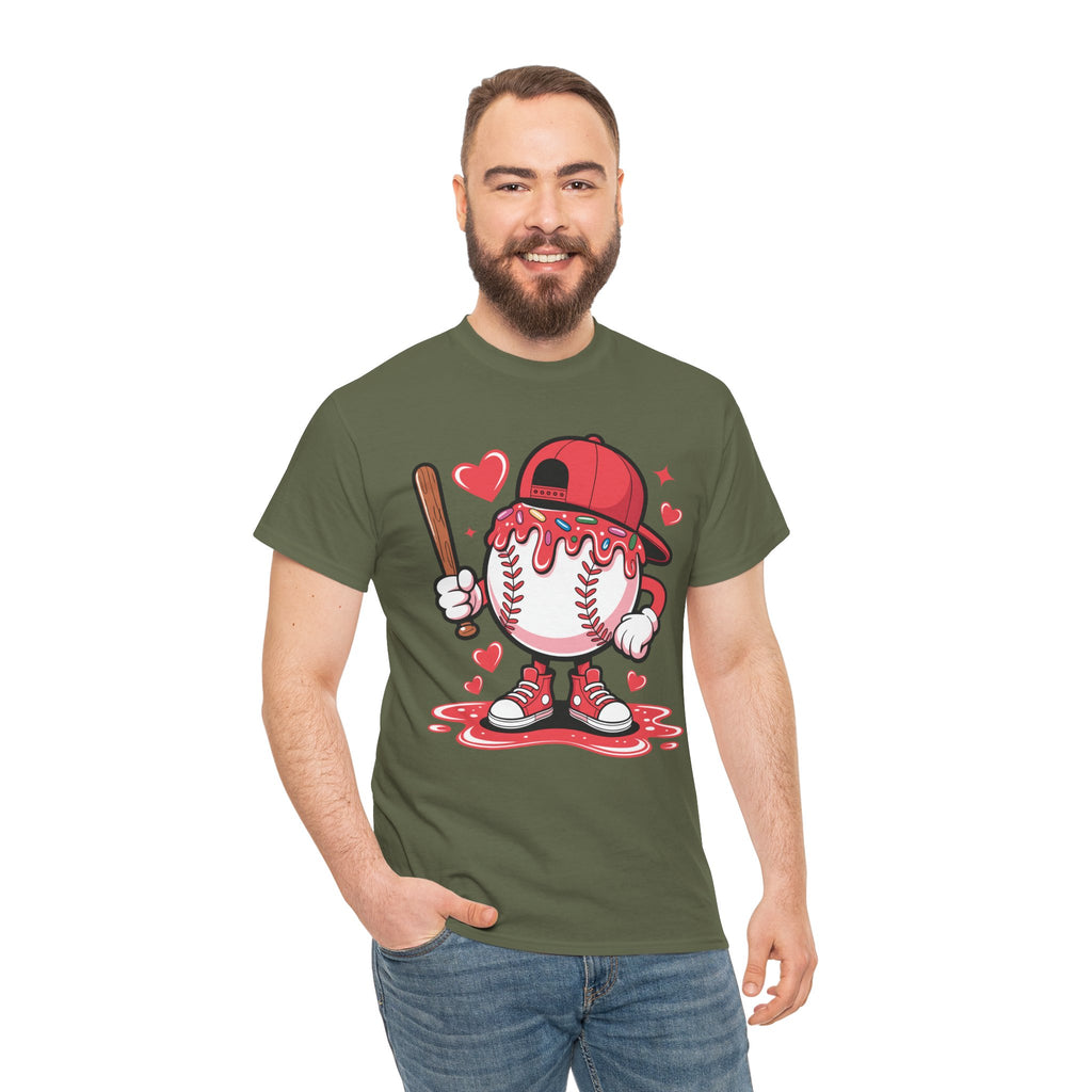 Cute Baseball Character T-Shirt — Red Cap & Icing Top Graphic with Hearts Unisex Cotton Tee