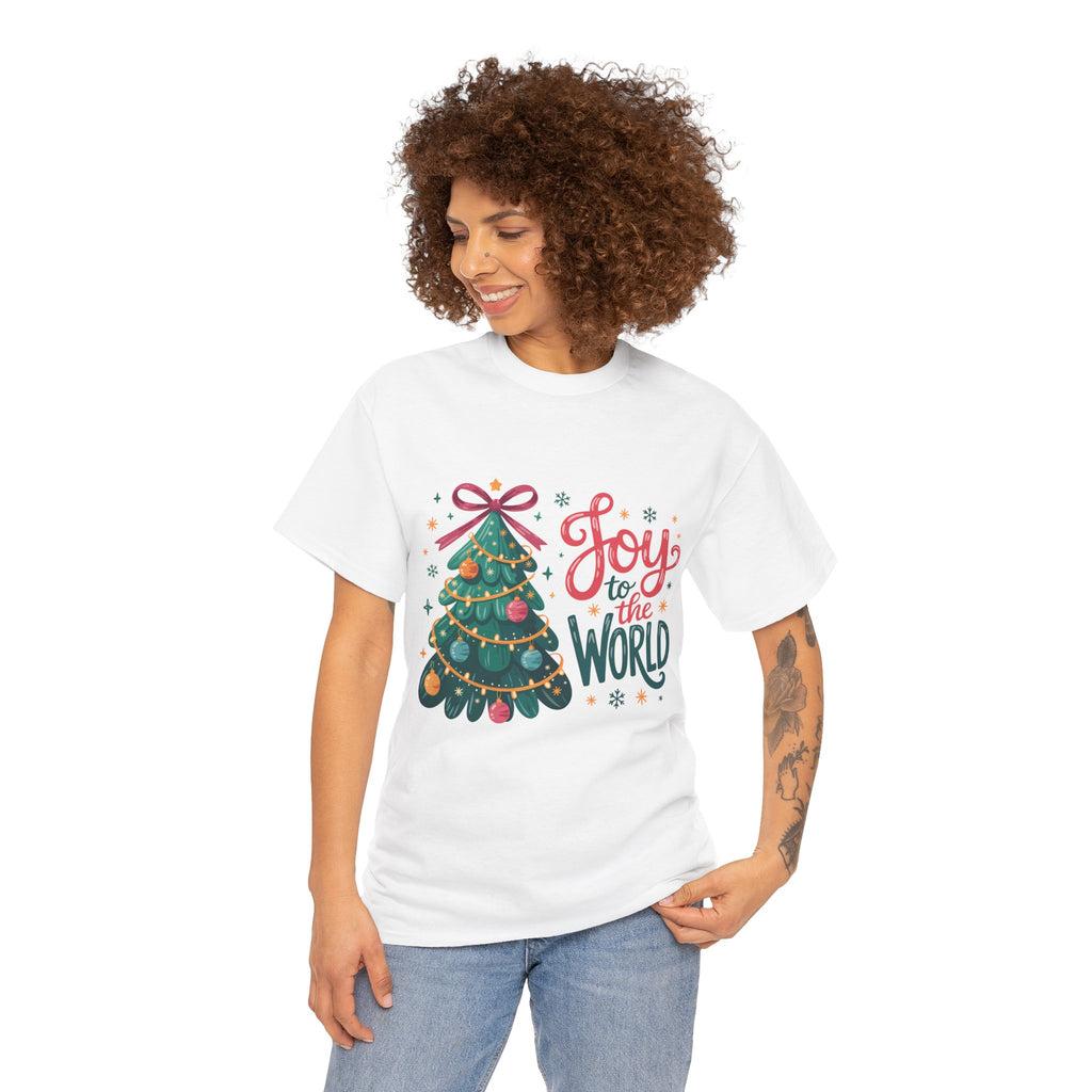 Joy to the World Christmas Tee — Festive Tree with Pink Bow..Unisex Cotton Tee