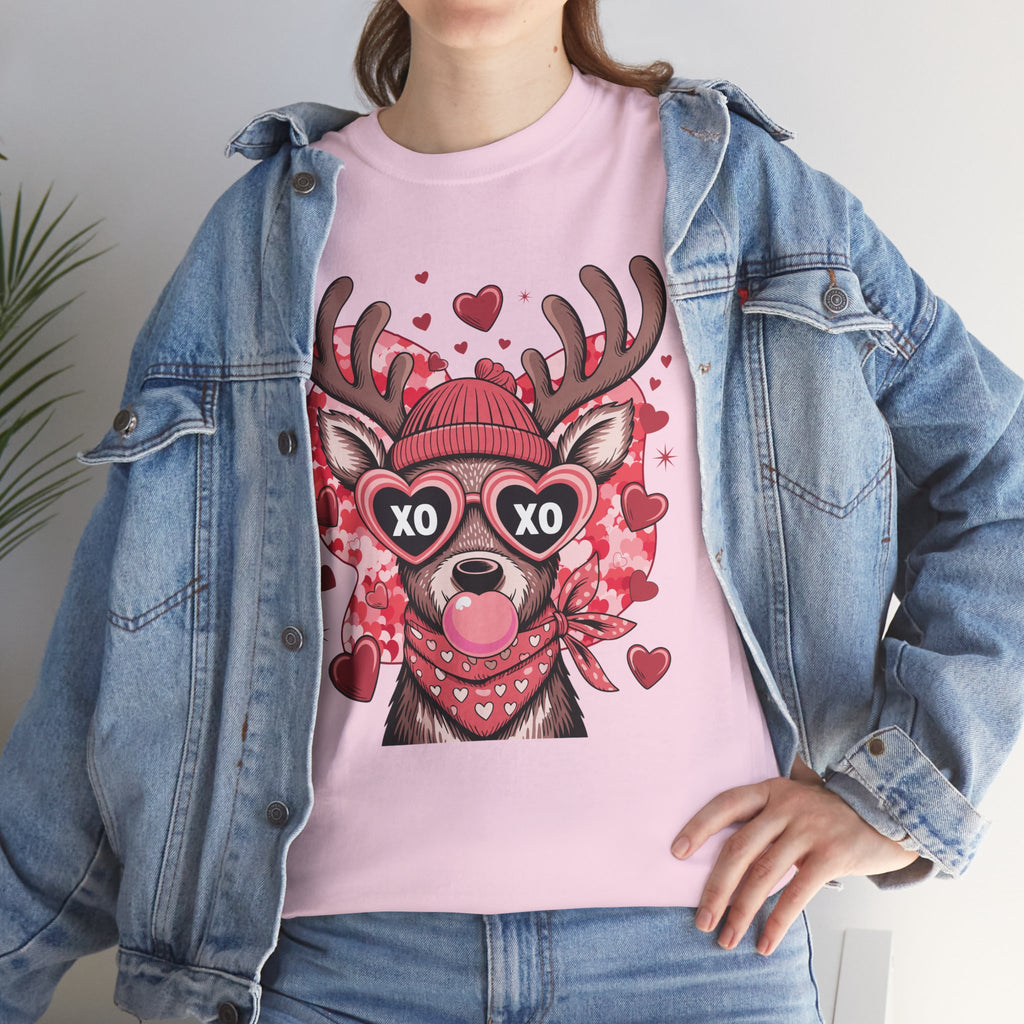 Valentine Deer Tee — Cute XO Heart Glasses, Beanie & Scarf Unisex Cotton Tshirt