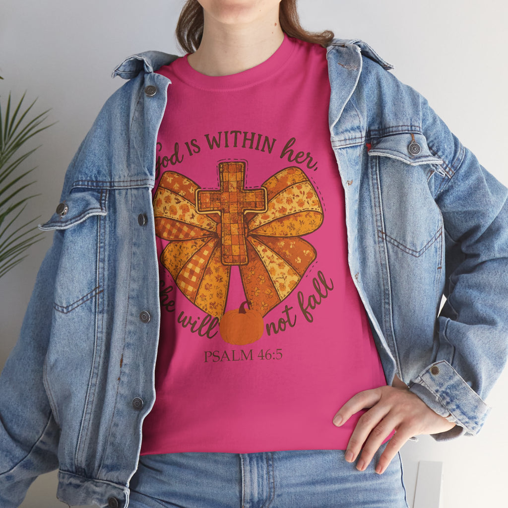 Psalm 46:5 Cross Patchwork Tee — Fall Bow Christian Unisex Cotton T-Shirt
