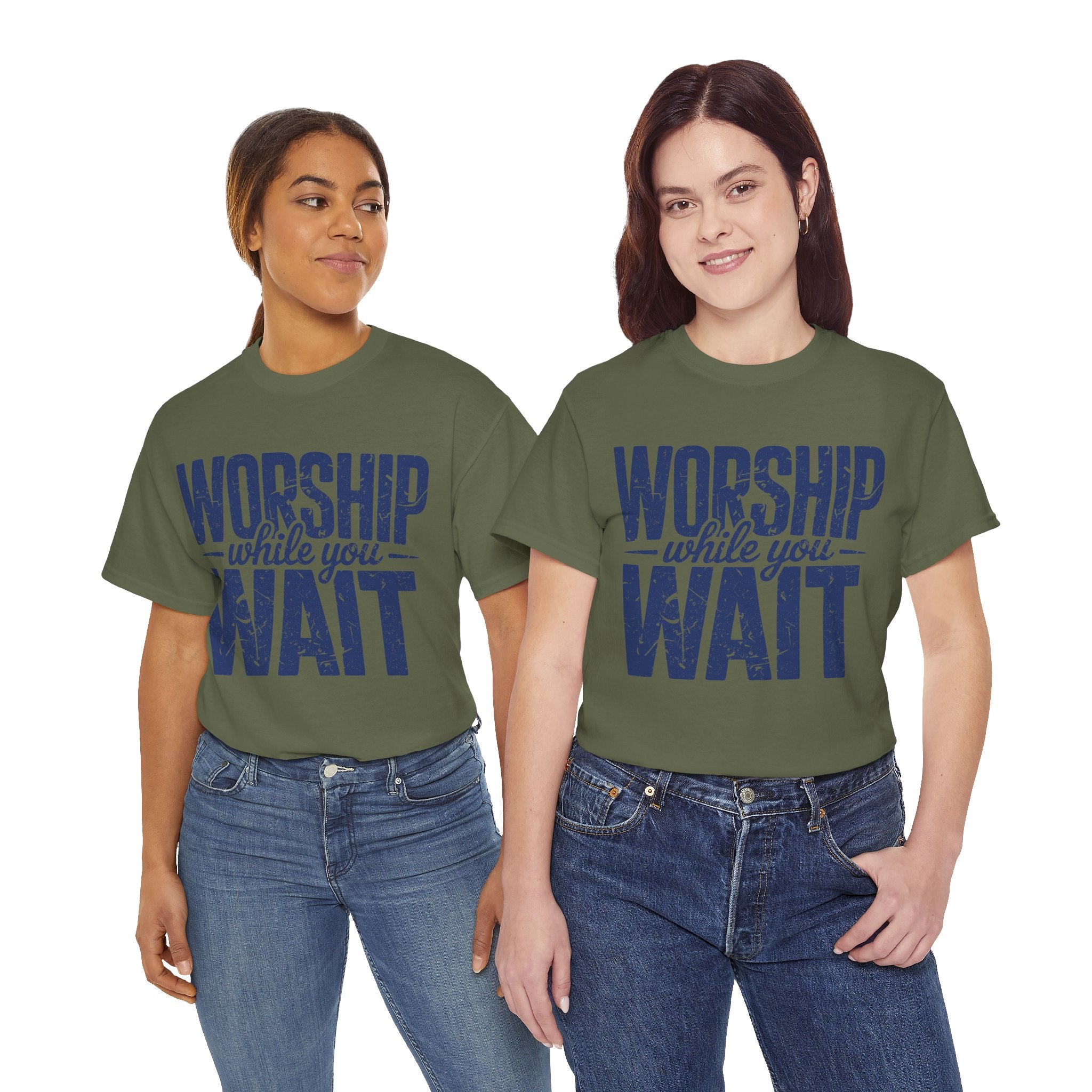 Worship While You Wait T‑Shirt — Distressed Pastel Blue Faith Unisex Cotton Tee