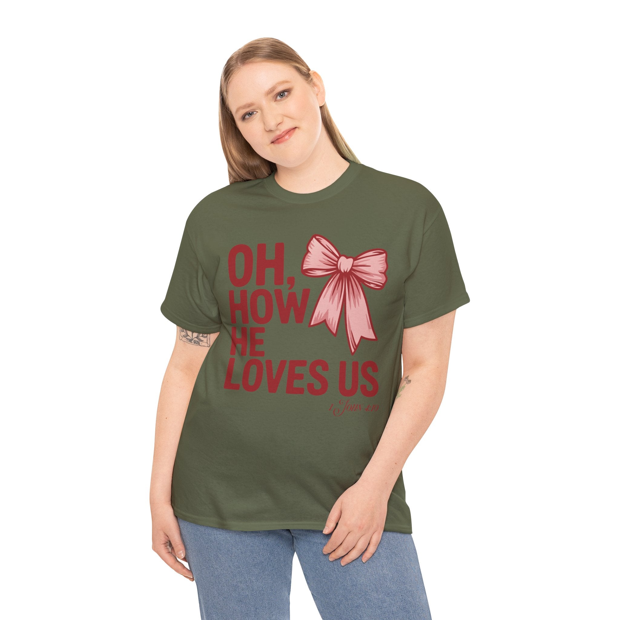 Oh, How He Loves Us Christian Valentine Tee — 1 John 4:10 Red & Pink Unisex Cotton Tee