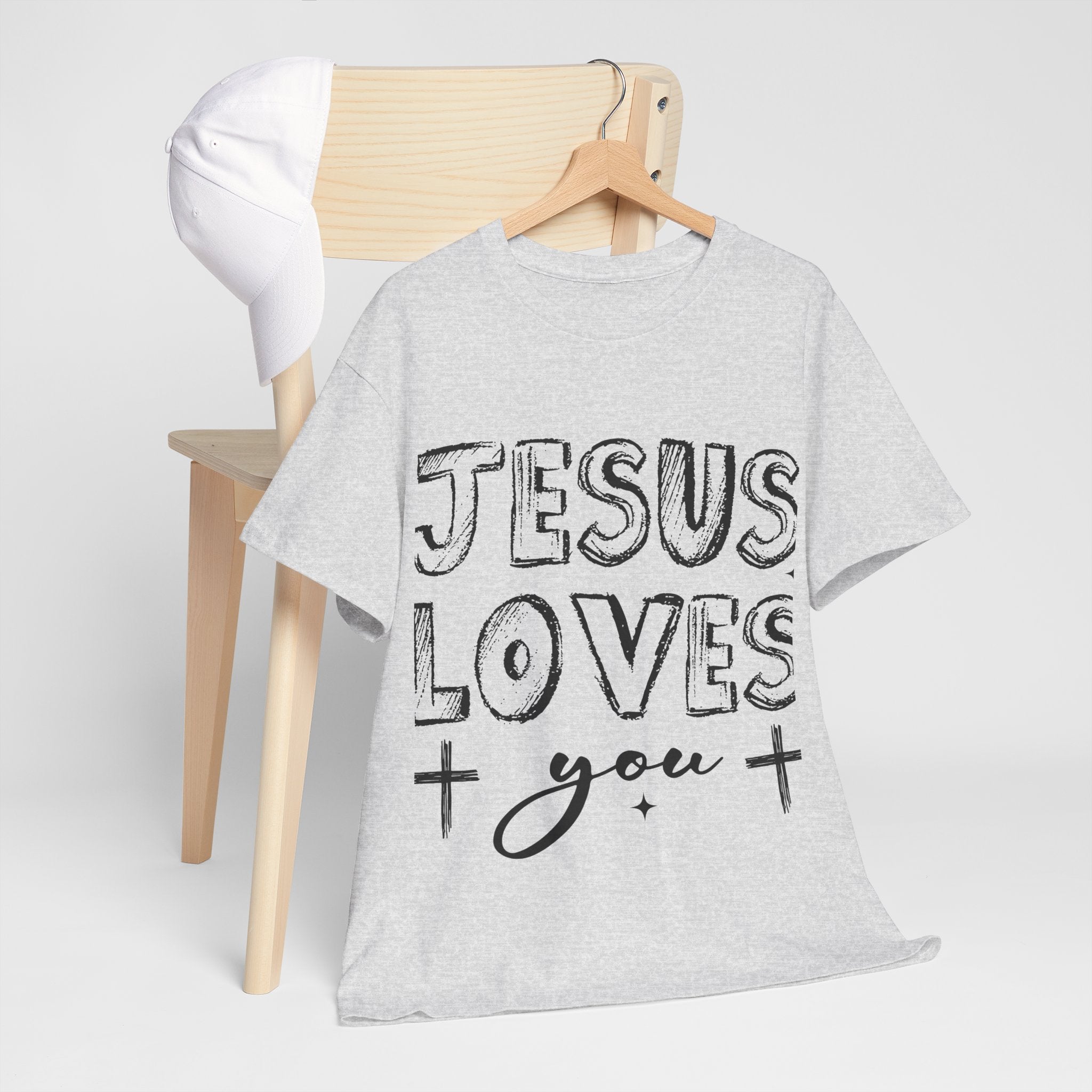 Jesus Loves You Chalk-Style Tee — Crosses & Stars Christian UNisex Cotton T-Shirt