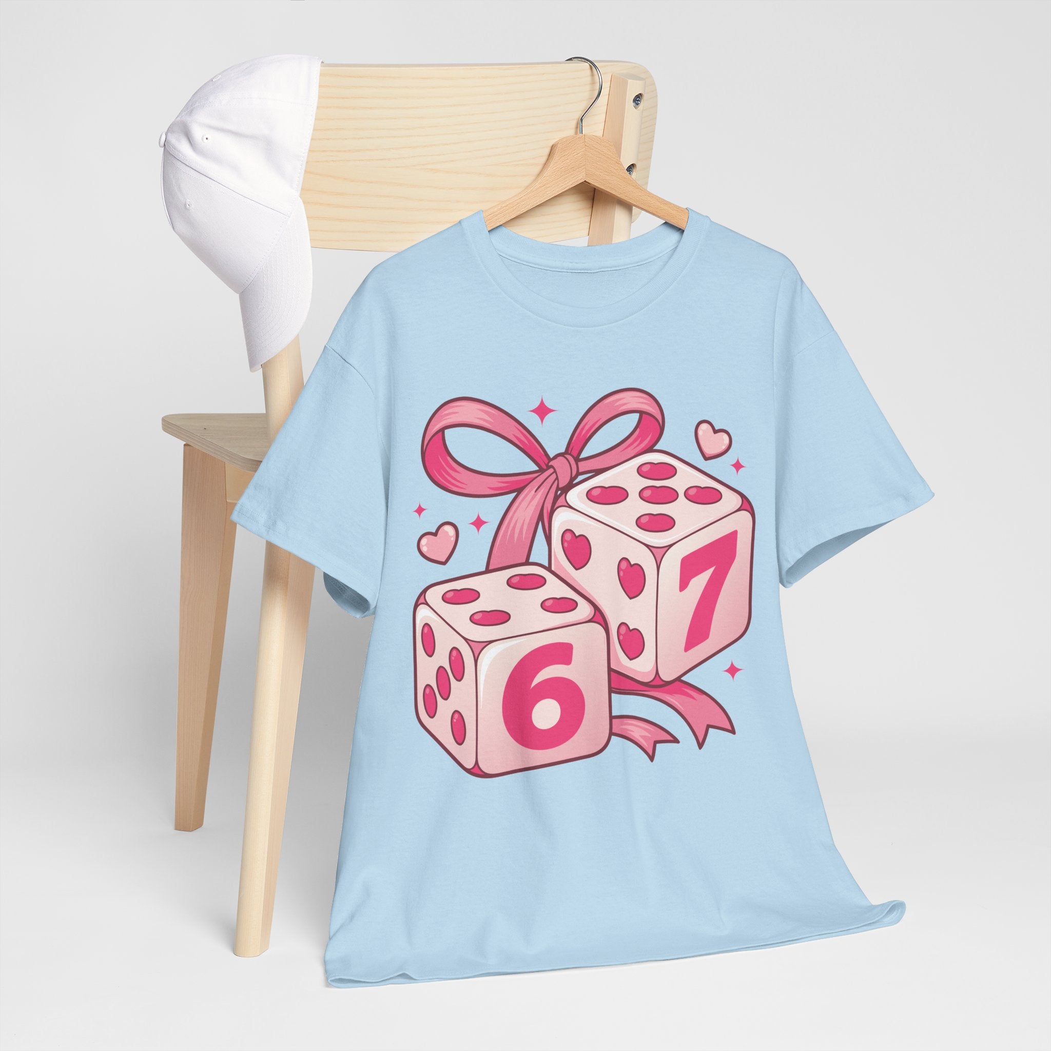 Lucky Love Dice T-Shirt — Pink Heart Dice with Bow..Unisex Cotton Tee