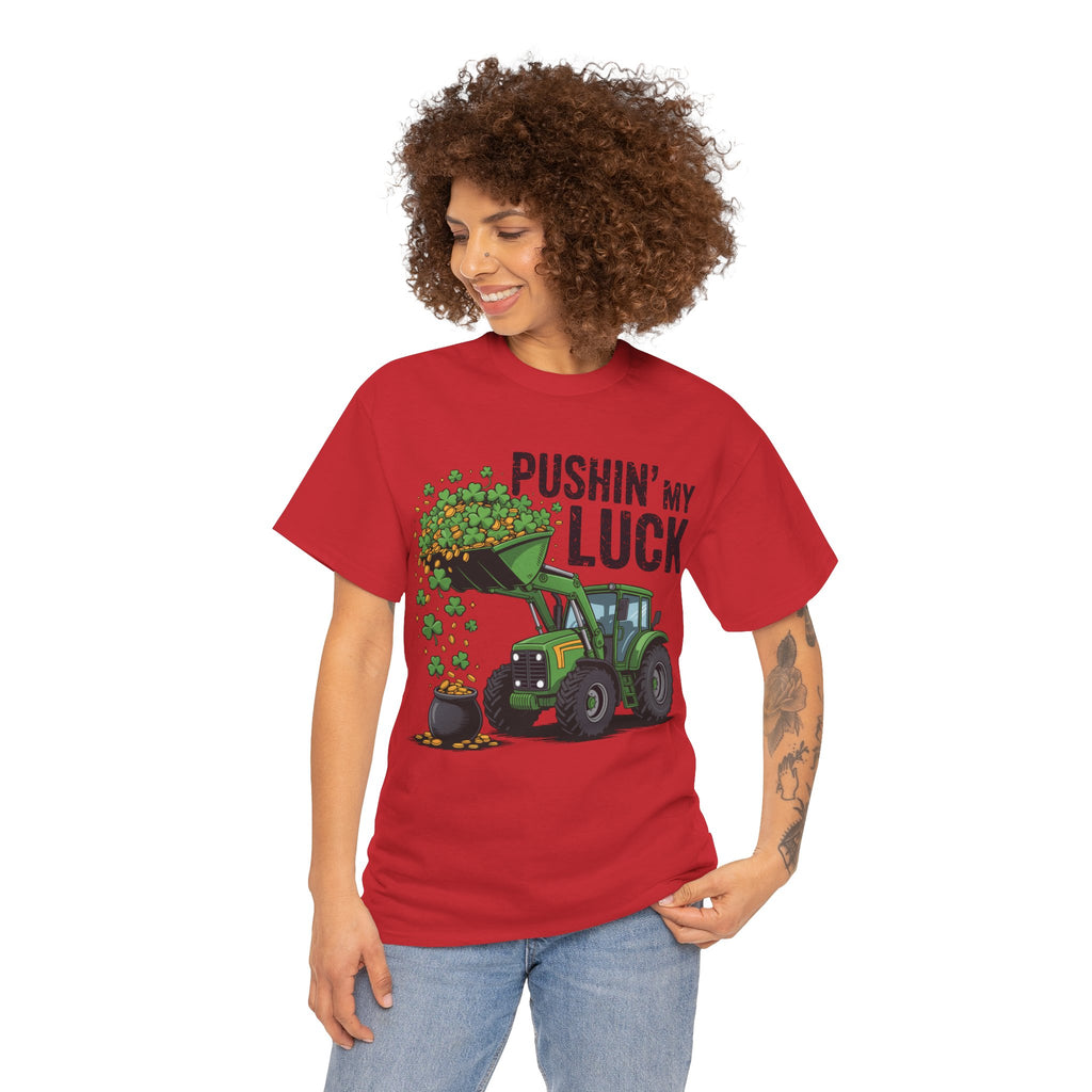 Pushin' My Luck Shamrock Tractor Tee — St. Patrick's Day Unisex Cotton T-Shirt