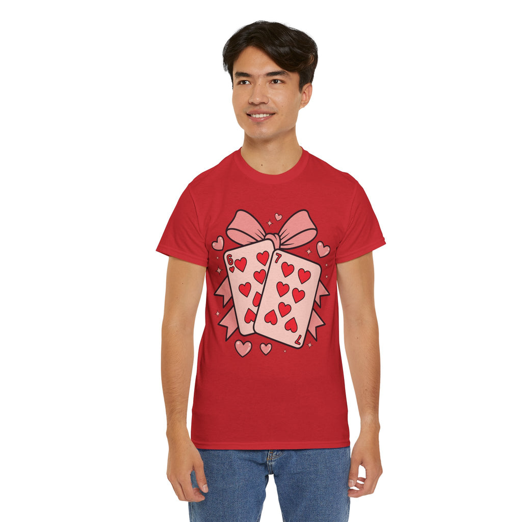 6 & 7 of Hearts T-Shirt — Paired Playing Cards with Pink Bow Unisex Cotton Tee