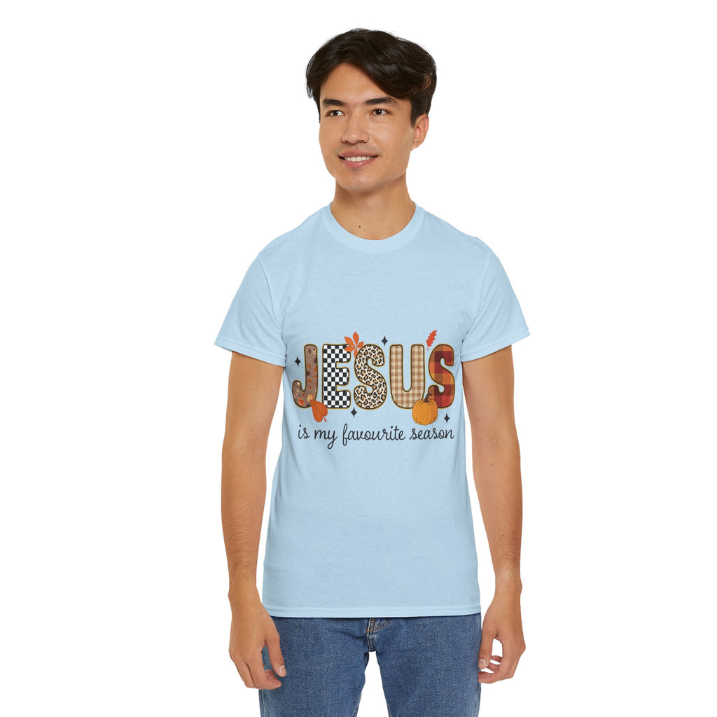 Jesus Is My Favorite Season Tee — Autumn Plaid & Leopard Lettering Unisex Cotton Tee