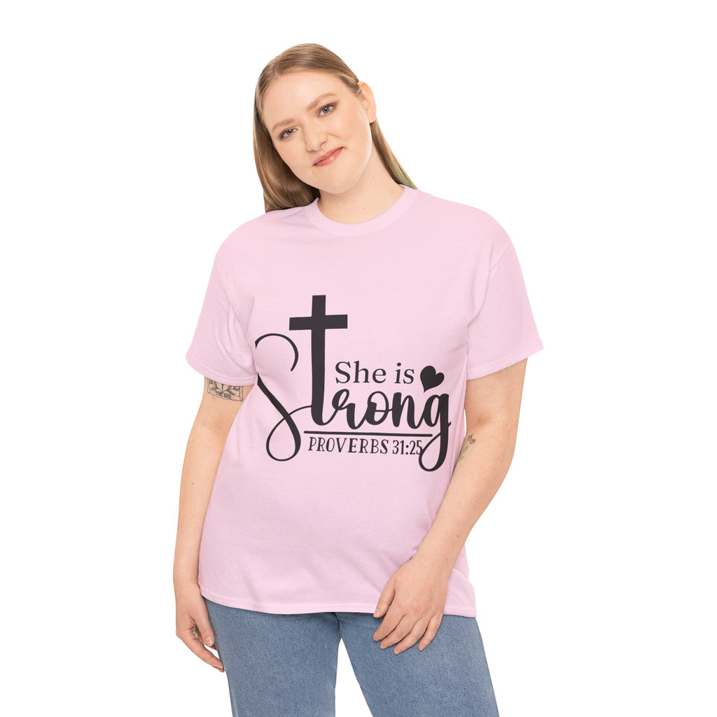 Proverbs 31:25 'She is Strong' T-Shirt – Christian Cross & Heart Unisex Cotton Tee