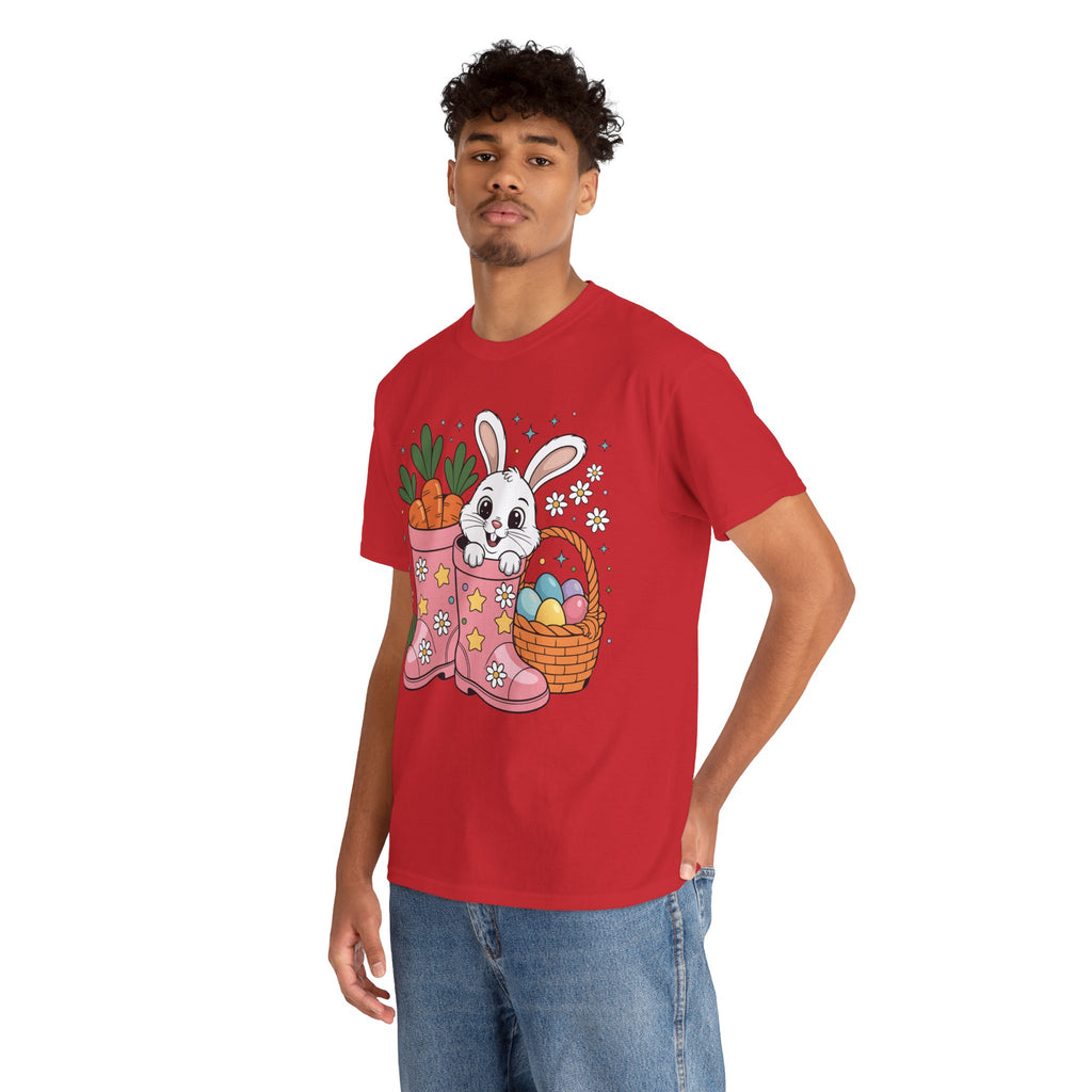 Easter Bunny in Pink Rain Boots T-Shirt — Cartoon Bunny, Carrots & Colorful Eggs Unisex Cotton Tee