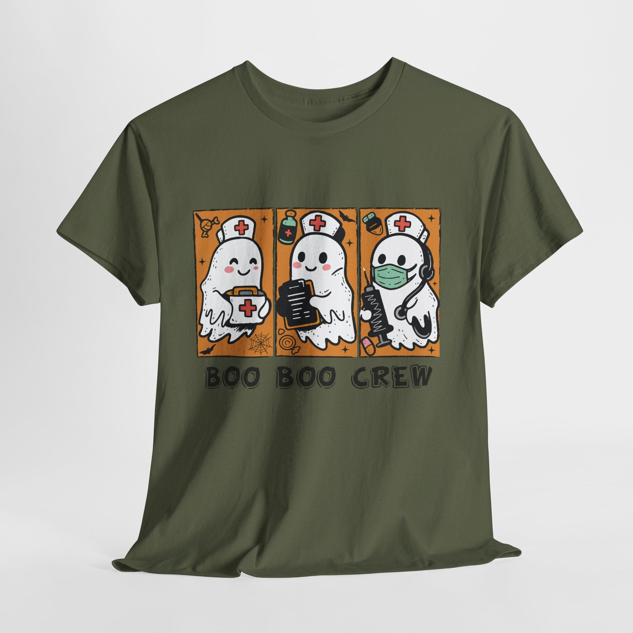 Halloween Nurse T-Shirt — Ghost Nurses Holding Medical Tools on Orange Unisec Cotton Tee