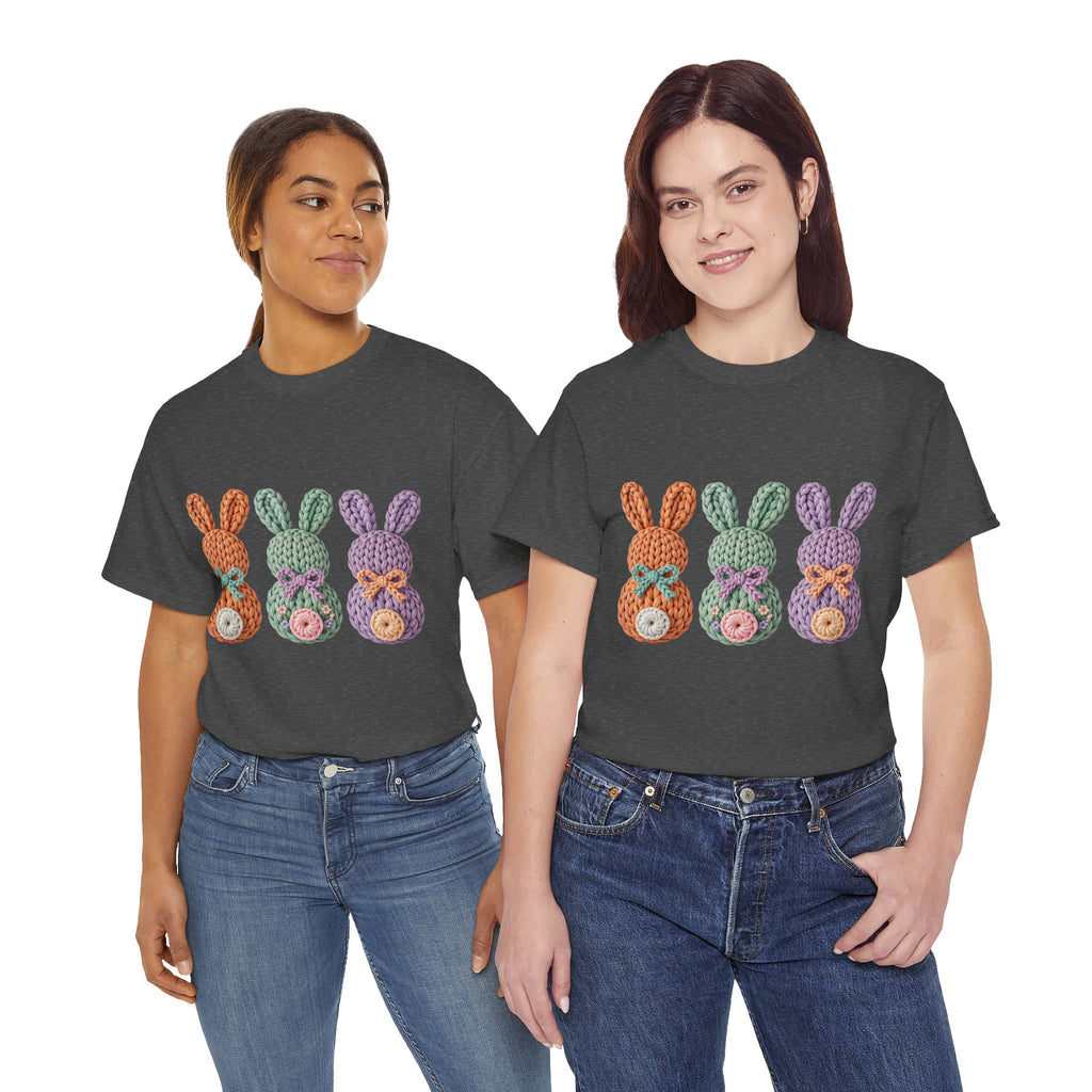 Pastel Crochet Bunny Tee — Trio of Faux Knit Bunnies with Bows & Flowers Unisex Cotton Tee