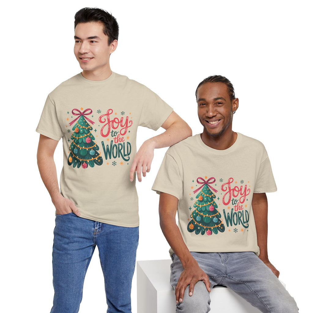Joy to the World Christmas Tee — Festive Tree with Pink Bow..Unisex Cotton Tee