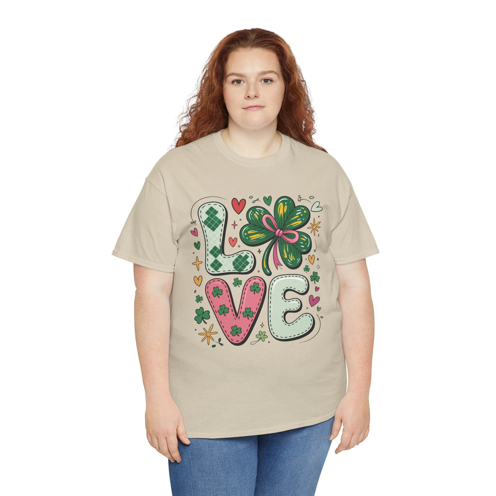 Stitched Clover 'LOVE' Tee — Heart & Patchwork St. Patrick's Unisex Cotton T-Shirt