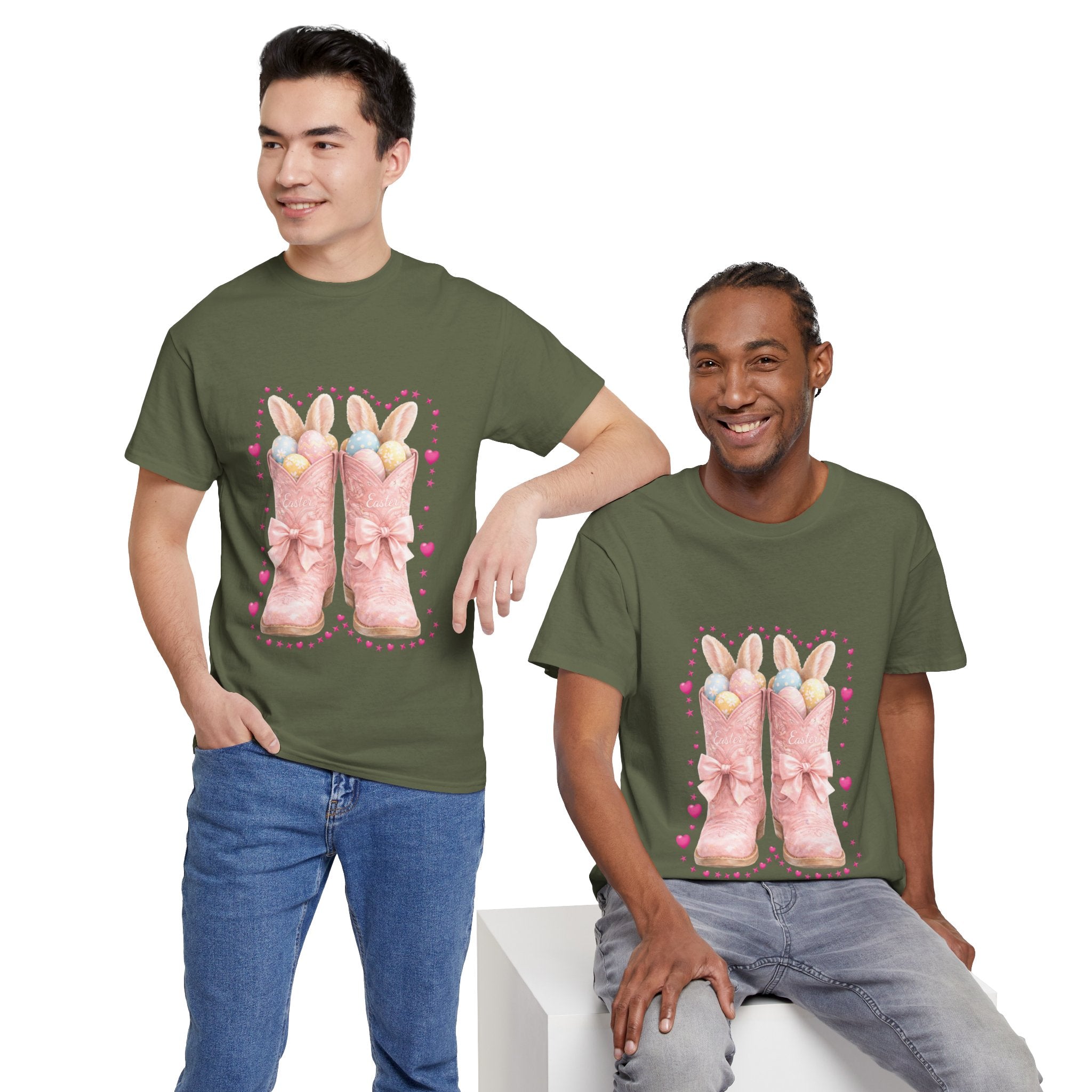 Easter Pink Western Boots Tee — Pastel Bunny Eggs & Bows Unisex Cotton Tee