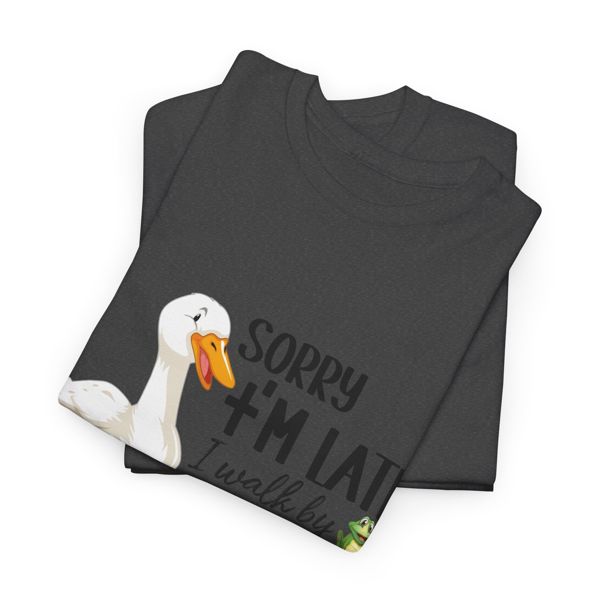 Christian Humor T-Shirt — “Sorry I’m Late, I Walk by Faith Tripping Constantly” (Duck & Frog). Unisex Cotton Tee