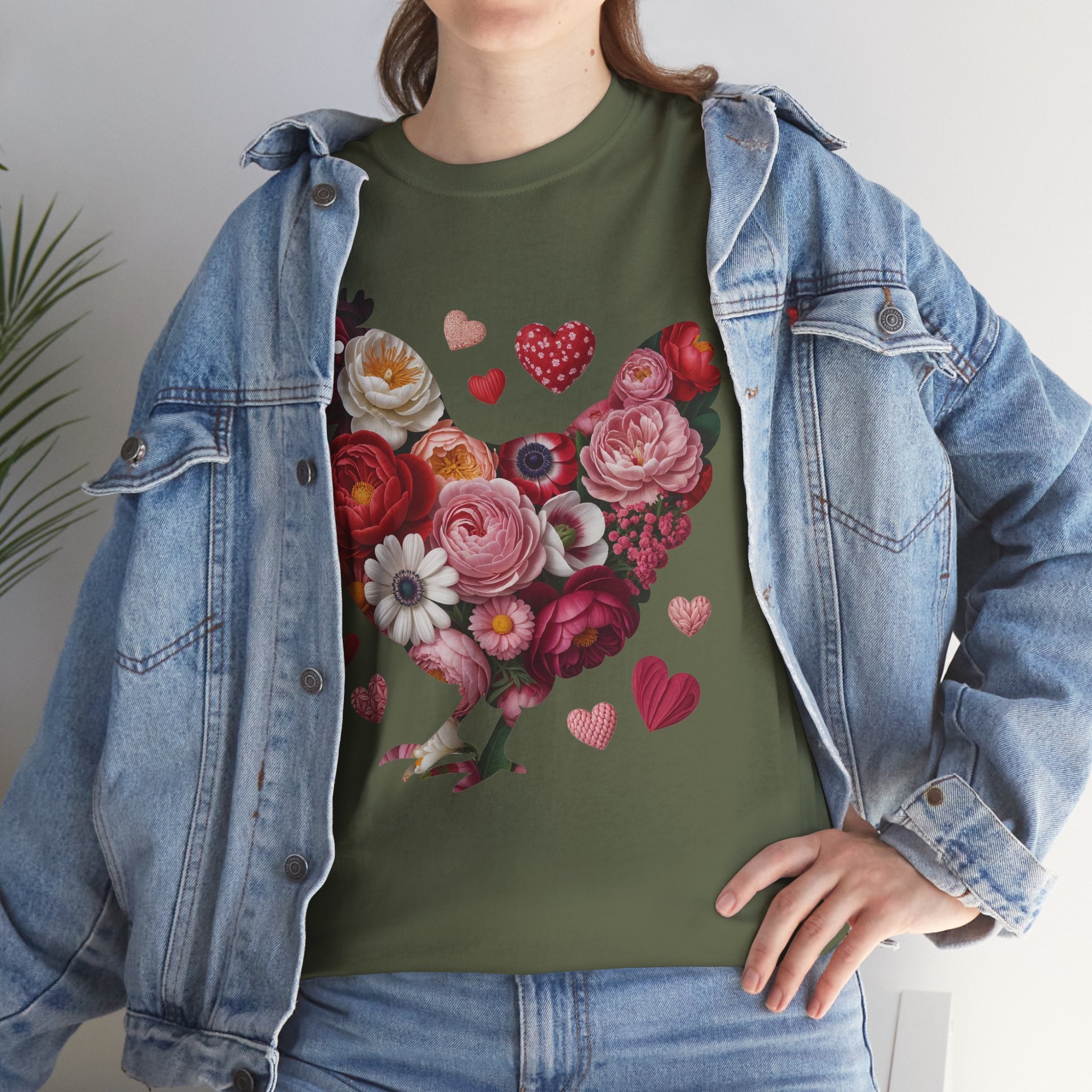 Floral Chicken Heart Tee — Red & Pink Flower Silhouette Unisex Cotton Tee