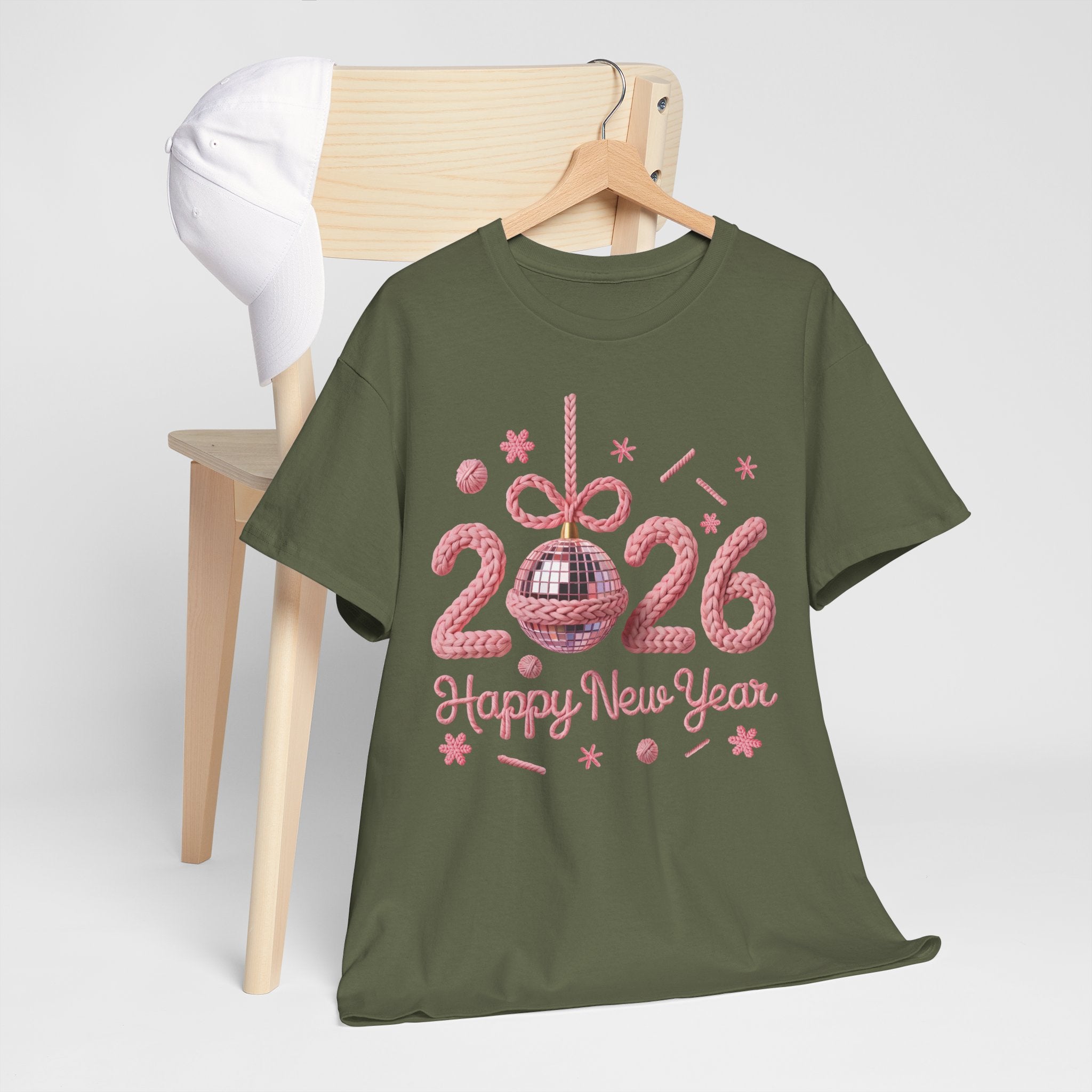 2026 Happy New Year Pink Knitted Disco Ball Unisex Cotton Tee