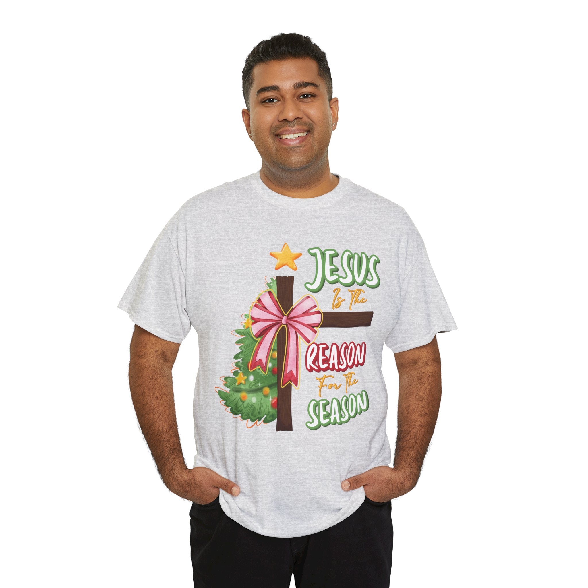 Jesus Is the Reason for the Season Christmas Tee — Cross with Pink Bow & Tree. Unisex Cotton Tee