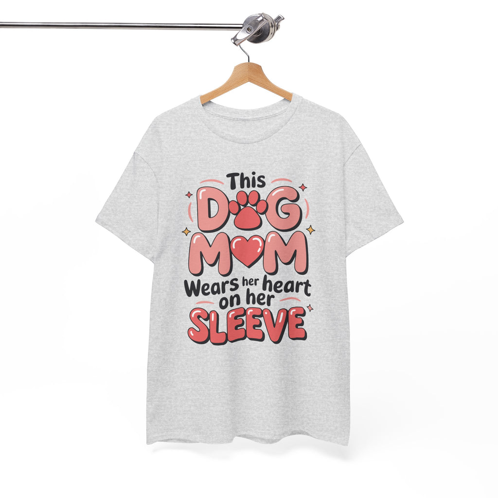 Dog Mom T-Shirt — "This Dog Mom Wears Her Heart on Her Sleeve" Paw & Heart Unisex Cotton Tee