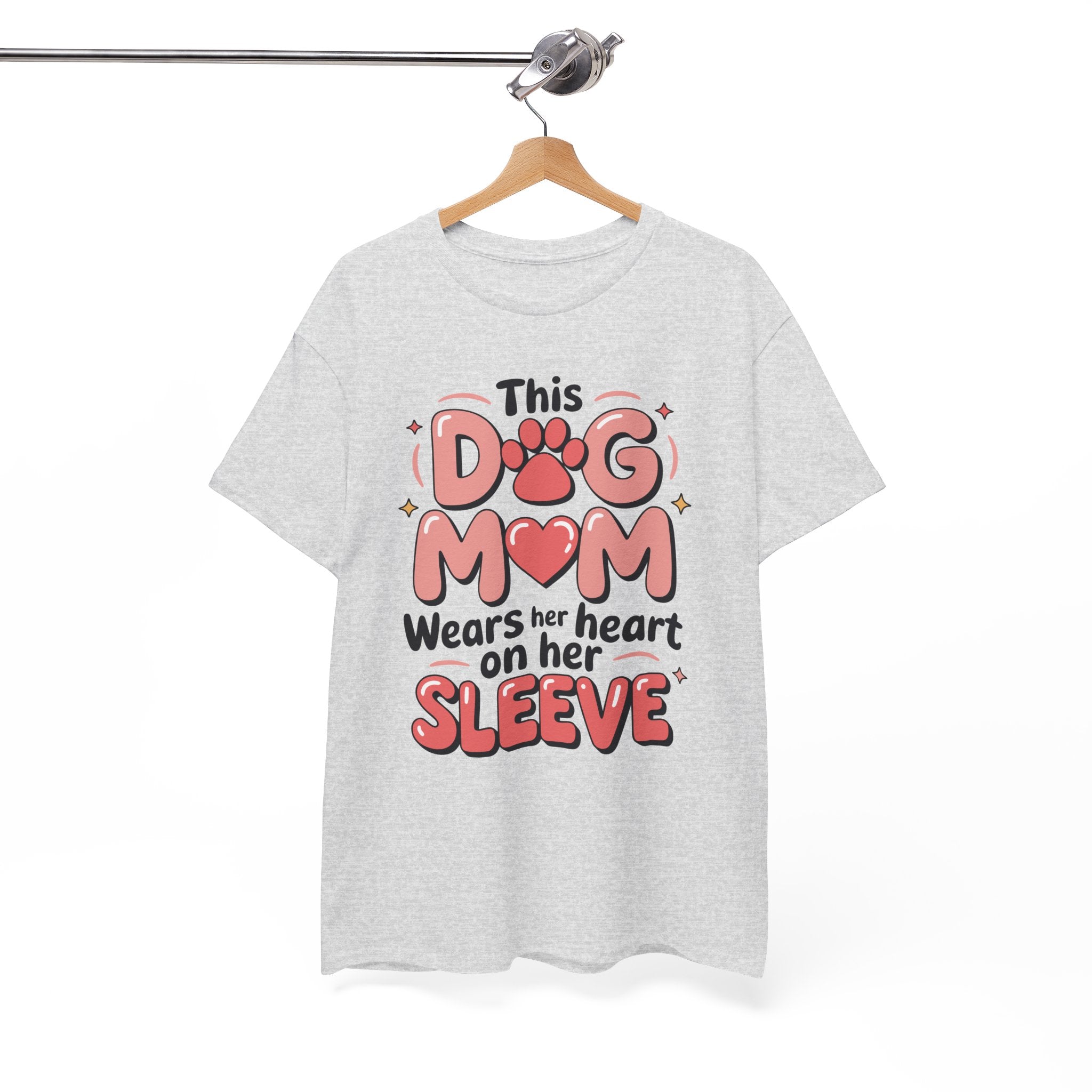 Dog Mom T-Shirt — "This Dog Mom Wears Her Heart on Her Sleeve" Paw & Heart Unisex Cotton Tee