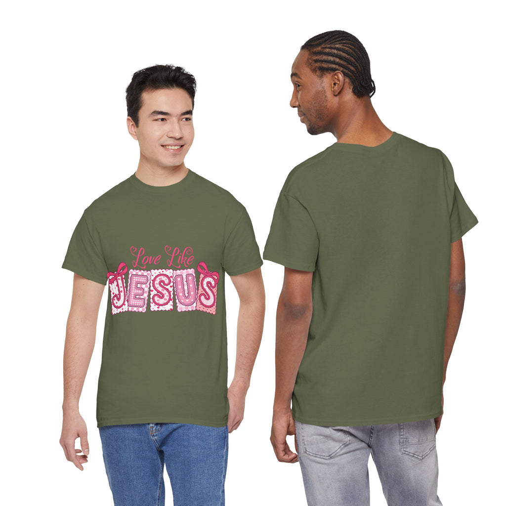 Love Like Jesus Patchwork Tee — Pink Stitched Heart Graphic.Unisex Cotton Tee